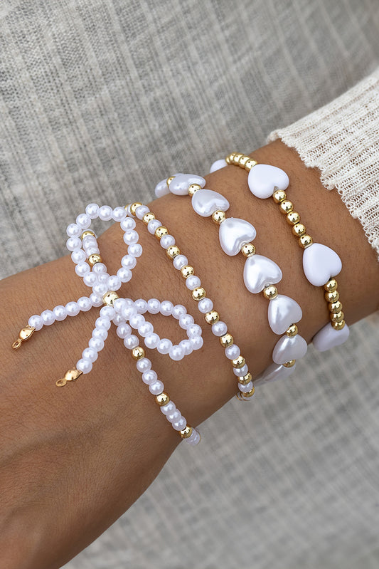 White Bowknot Heart Pearl Beaded Bracelet Set for Elegance