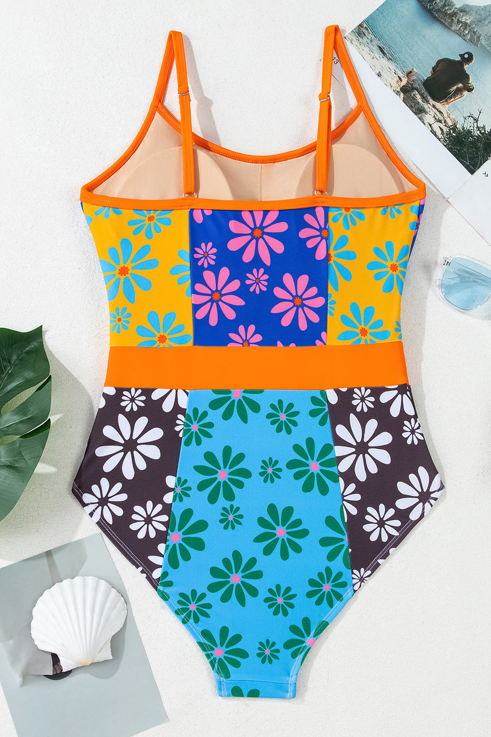 Orange Floral Colorblock Buttoned Front Spaghetti Straps Swimsuit