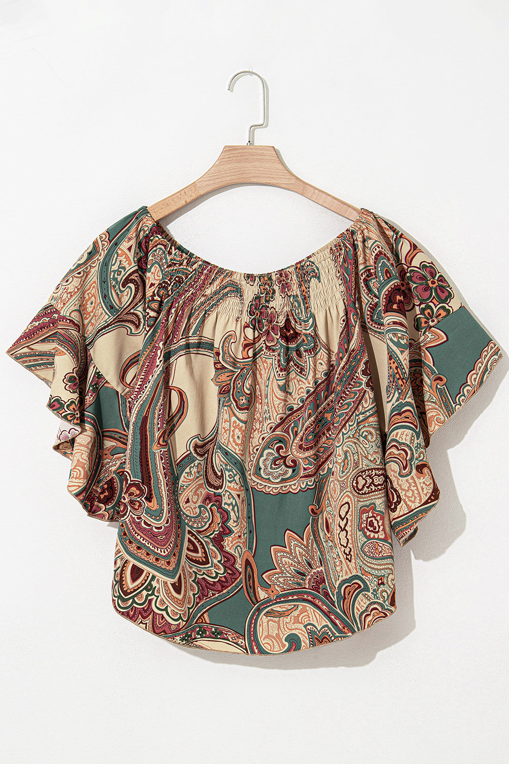 Elegant Apricot Paisley Off-Shoulder Ruffled Half Sleeve Blouse