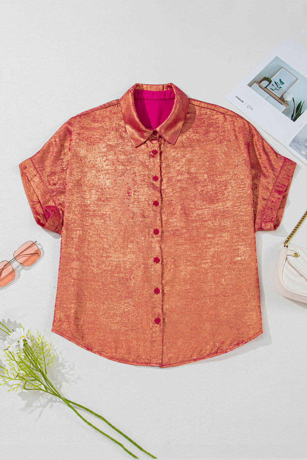 Rose Red Metallic Sheen Short Sleeve Plus Size Shirt