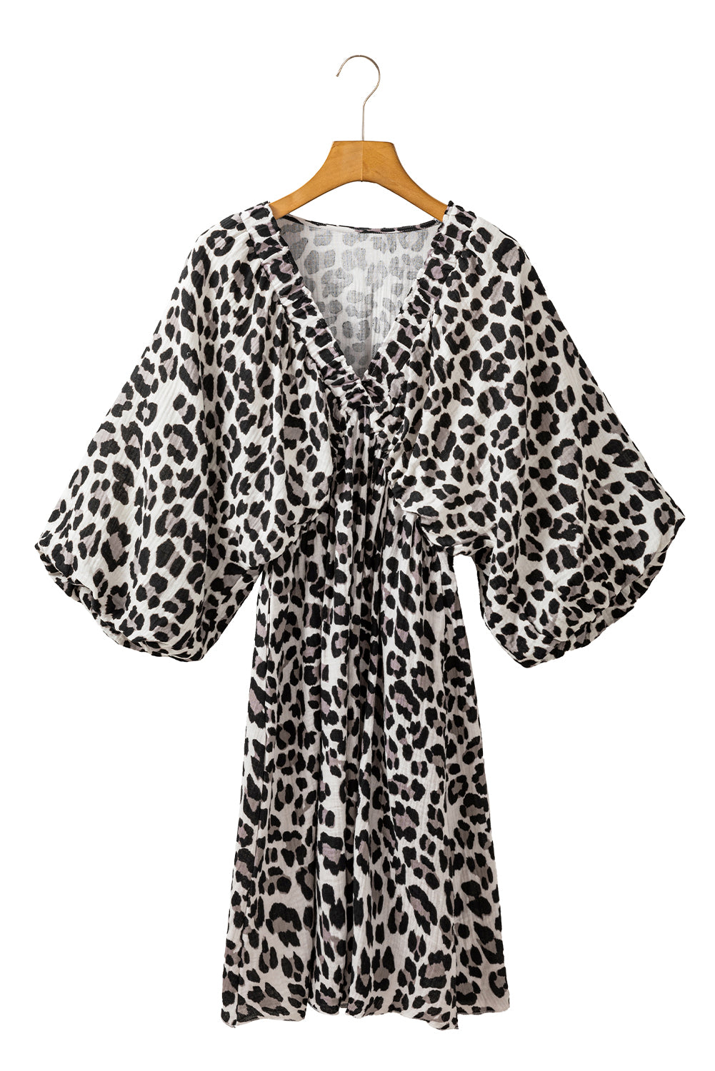 Black V Neck 3/4 Puff Sleeve Leopard Print Dress