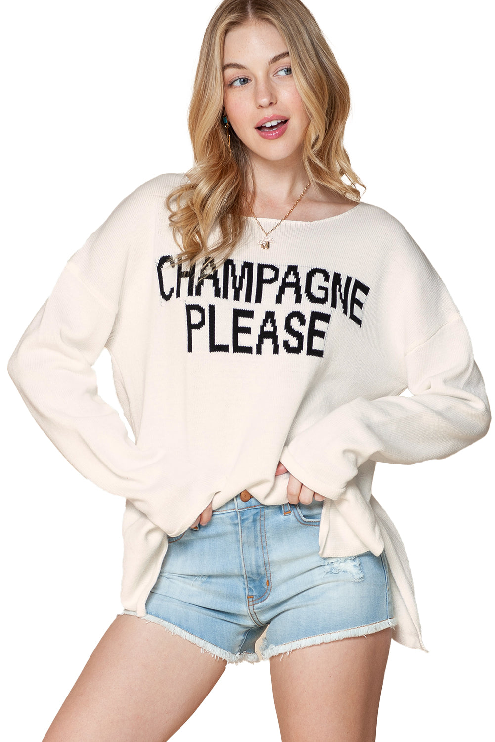 Weißer, champagnerfarbener Strickpullover mit Buchstabenmuster „Please“