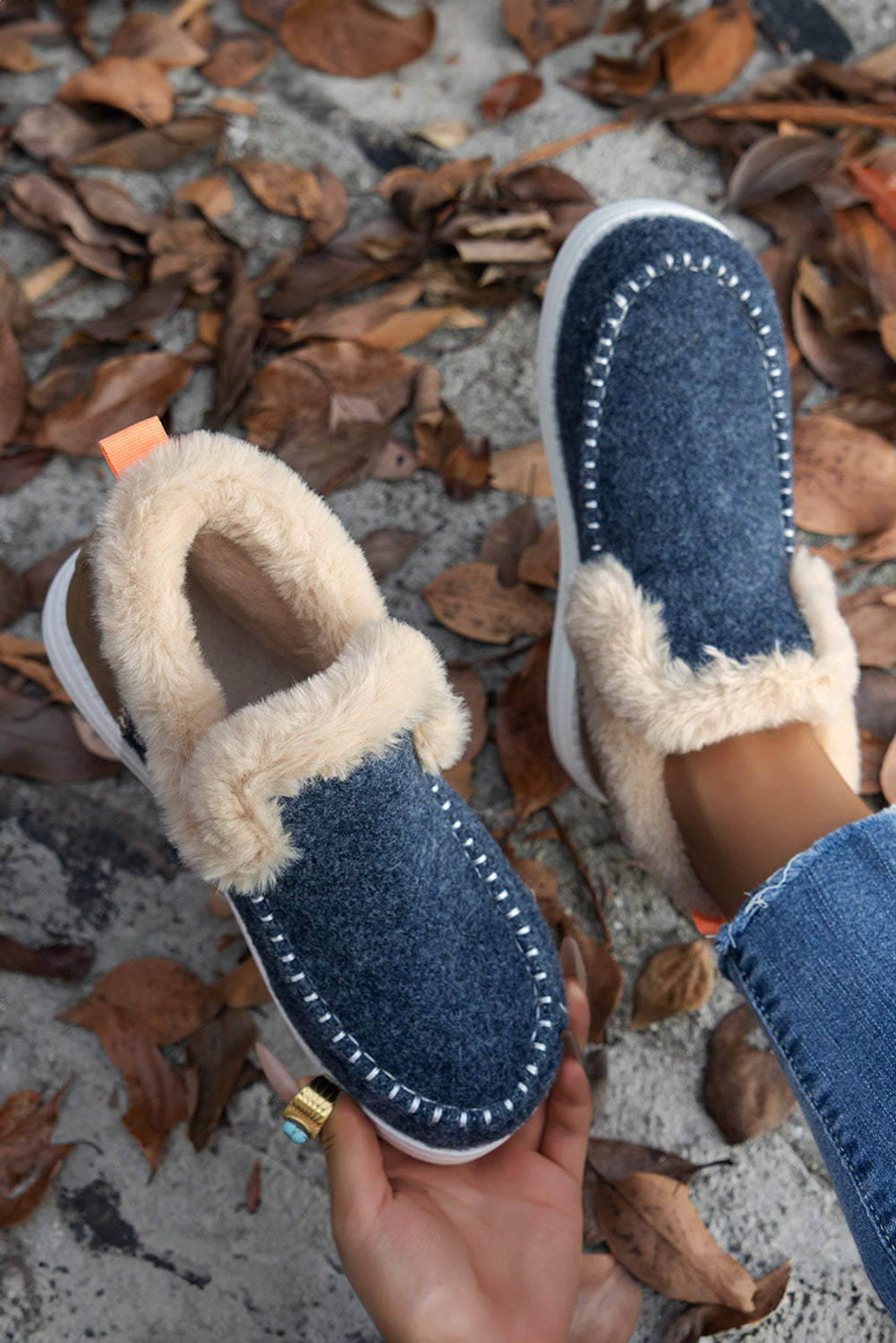 Botas de tobillera forradas de peluche de mosaico de mosaico de suedia de gamuza azul