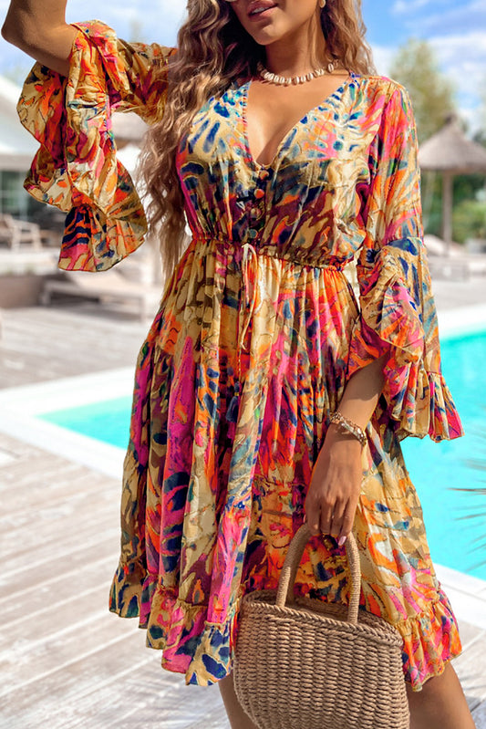 Vibrant Pink Tropical Flared Sleeve High Waist Midi Dress with Ruffle Hem