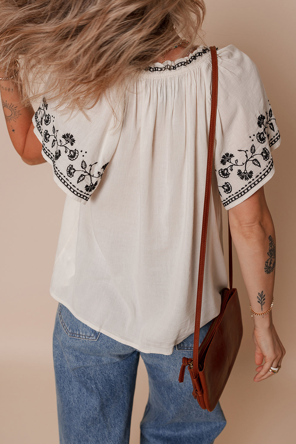 Embroidered White Cotton V Neck Blouse with Short Sleeves