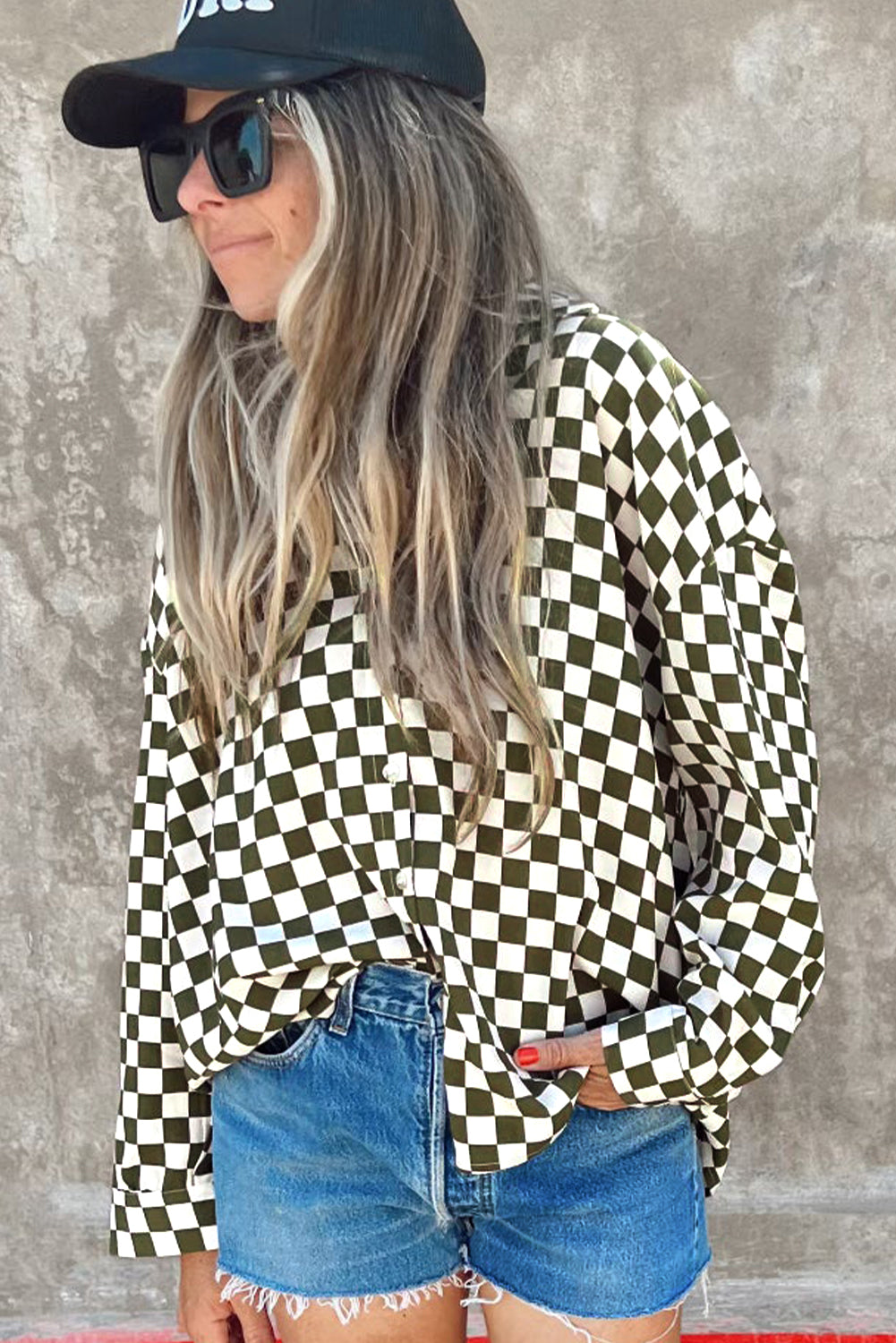 Green Checkerboard Print Drop Shoulder Loose Blouse