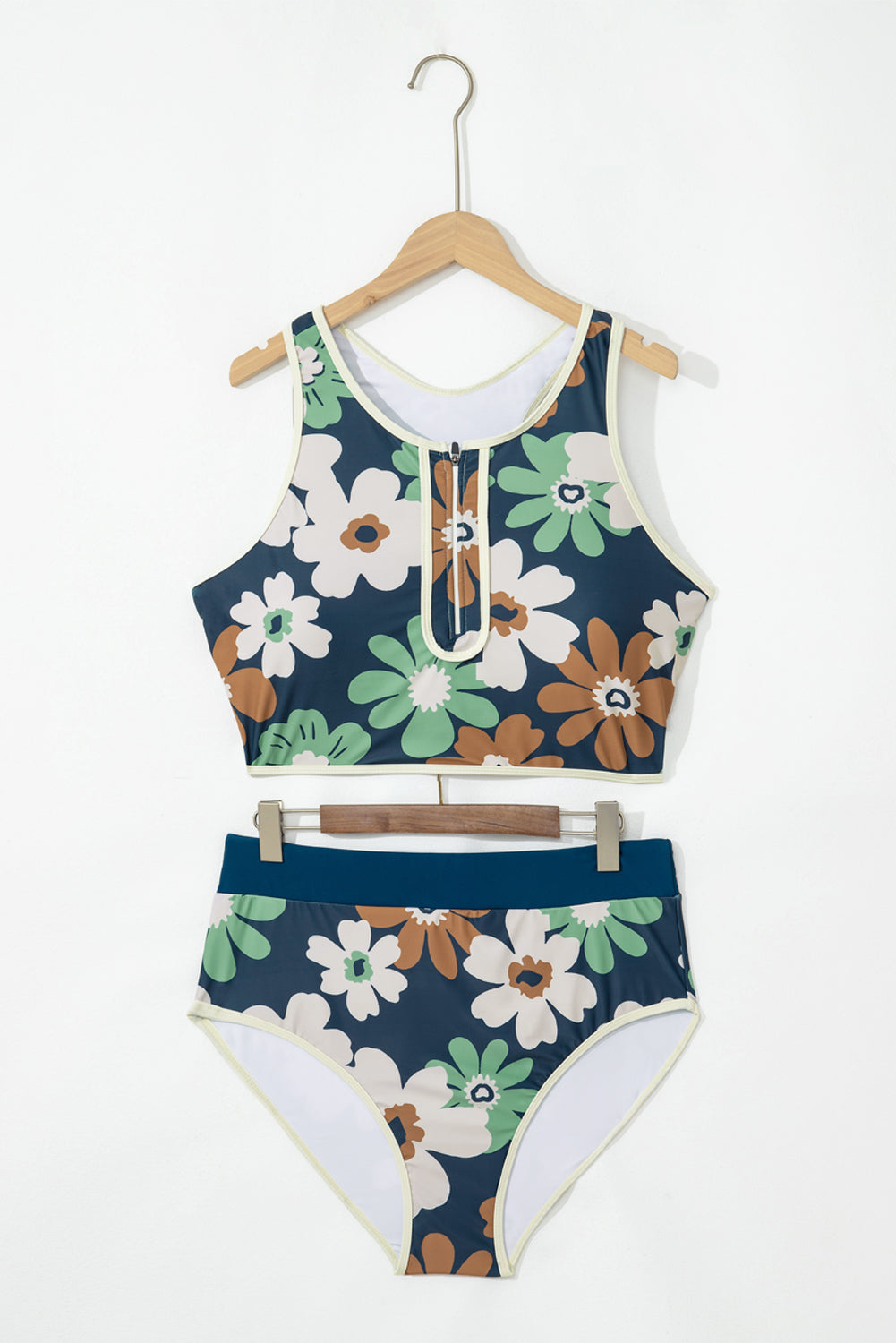 Estampado floral verde con cremallera de talla grande dos piezas bikini