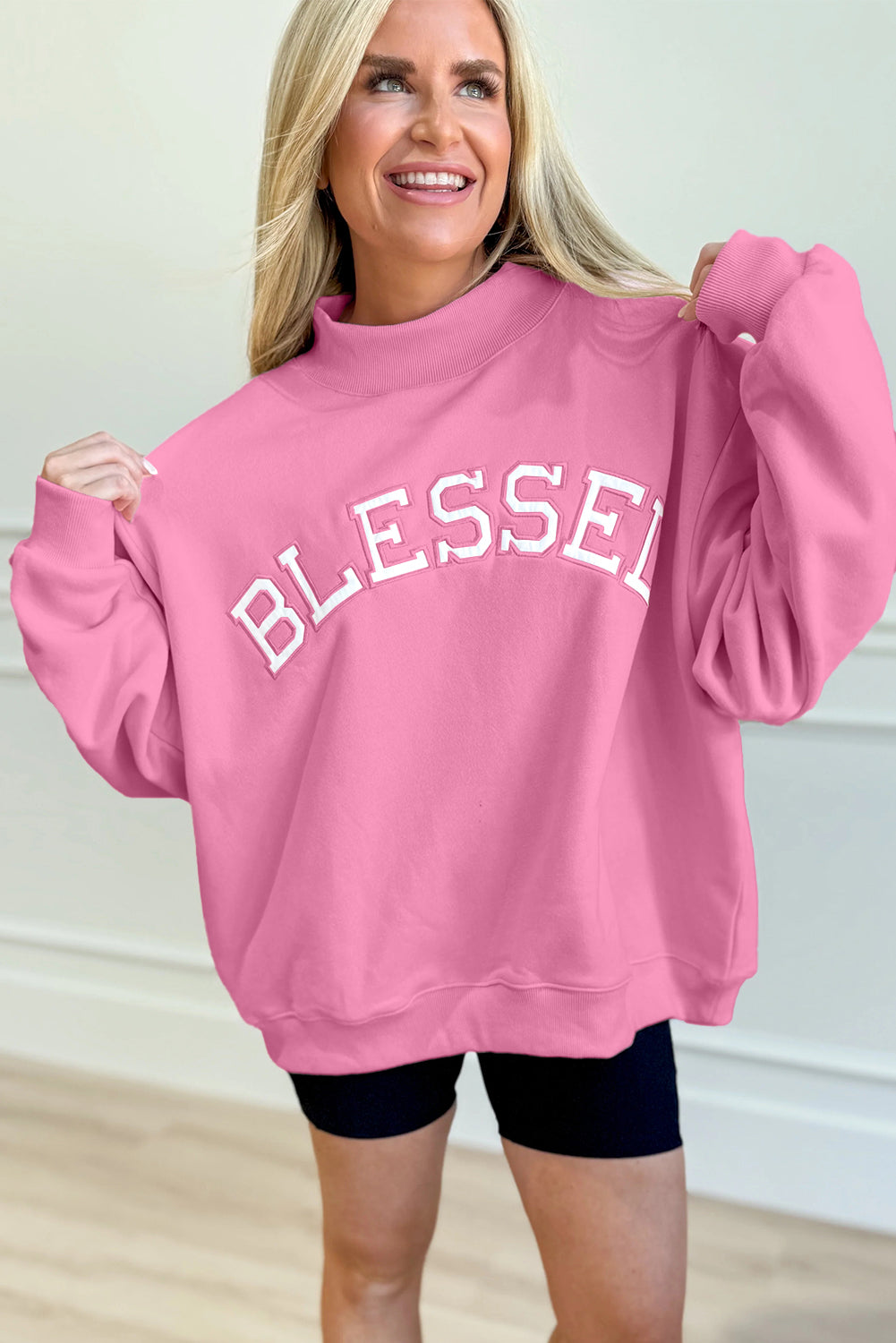 Light Pink Oversize Blessed Embroidered Mock Neck Sweatshirt