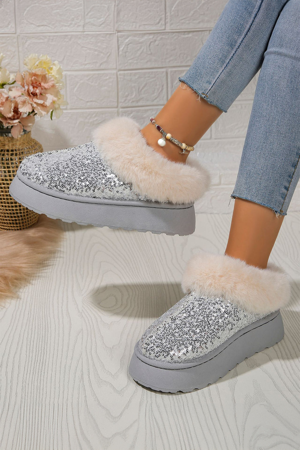 Paillettes dorées en peluche épais bottes de neige à semelle