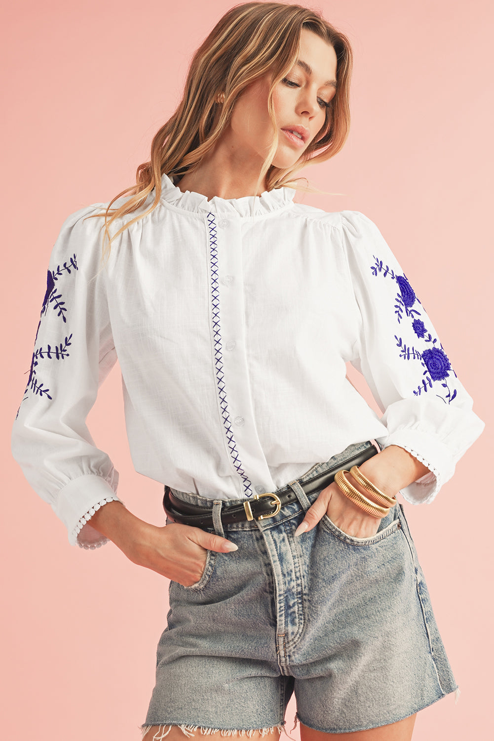 White Floral Embroidered Button Up Boho Blouse