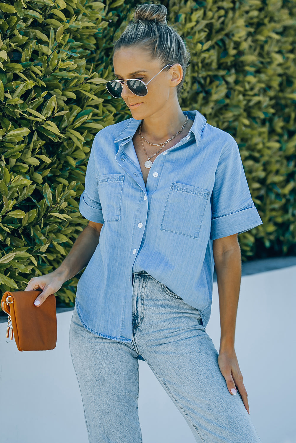 Blue Turn-down Collar Short Sleeve Denim Shirt