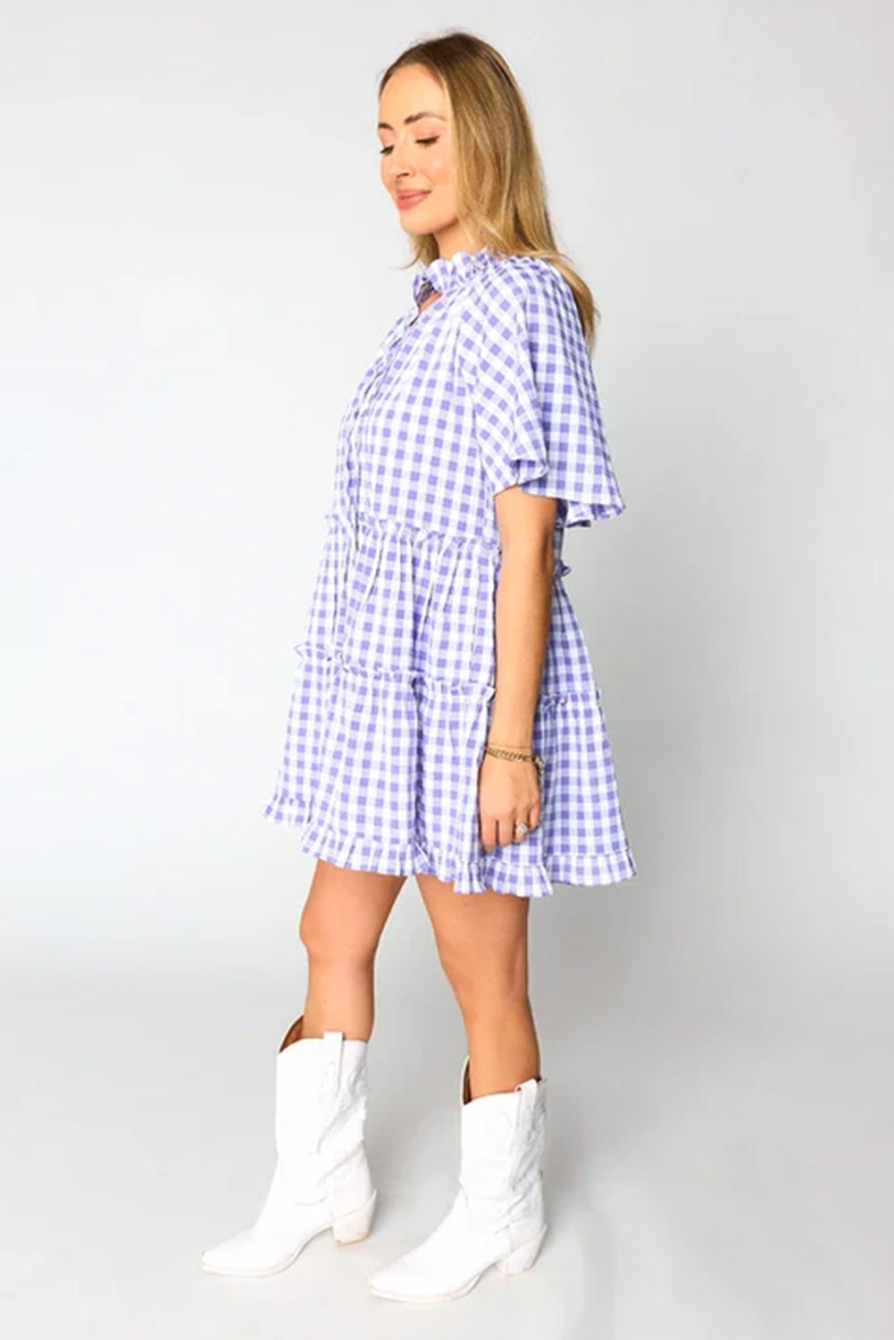 Lavendula a cuadros Plaid Fill Tiered Mini Vestido