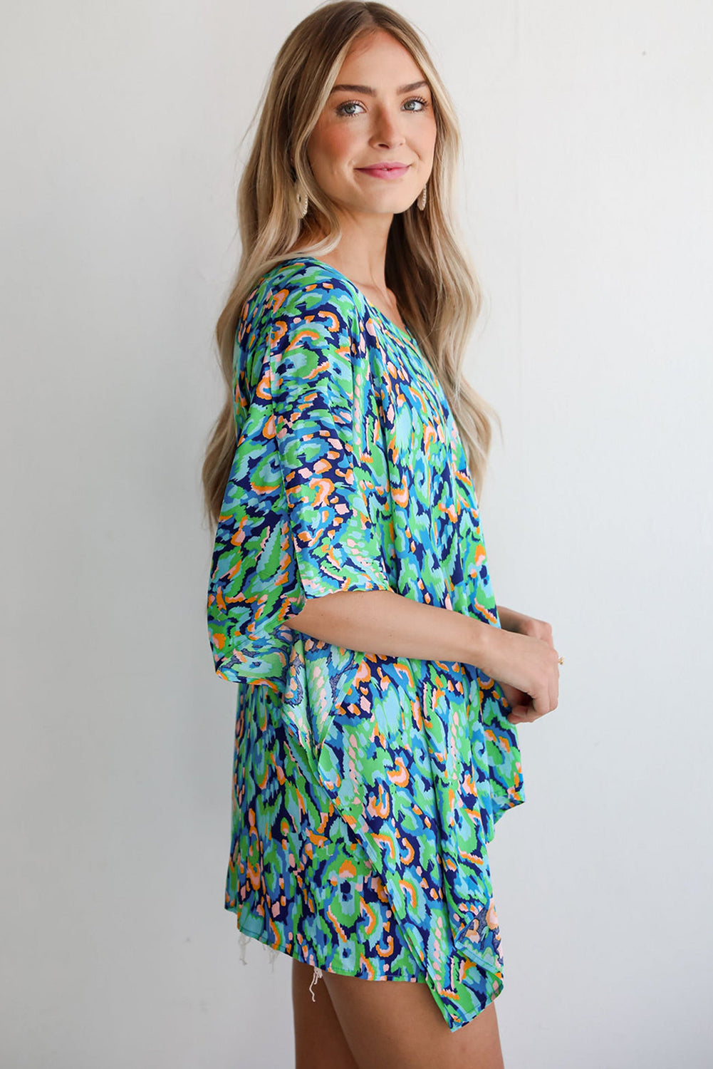 Green Abstract Print V Neck Half Sleeve Loose Fit Tunic Blouse