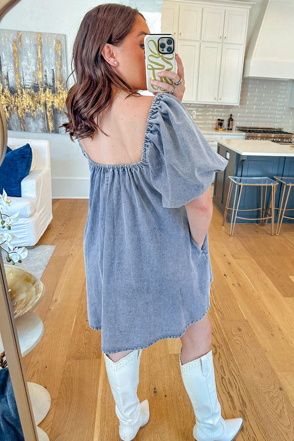 Chic Denim Babydoll Dress with Bubble Sleeves and Square Neck