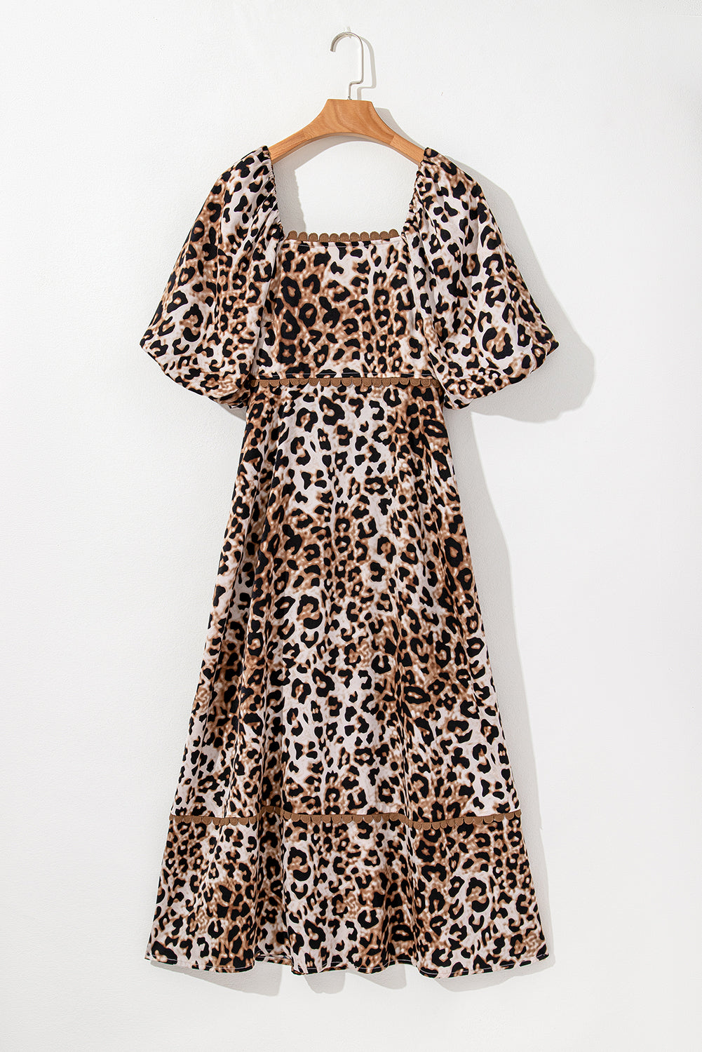 Leopard Print Maxi Dress with Puff Sleeves and Ricrac Detail