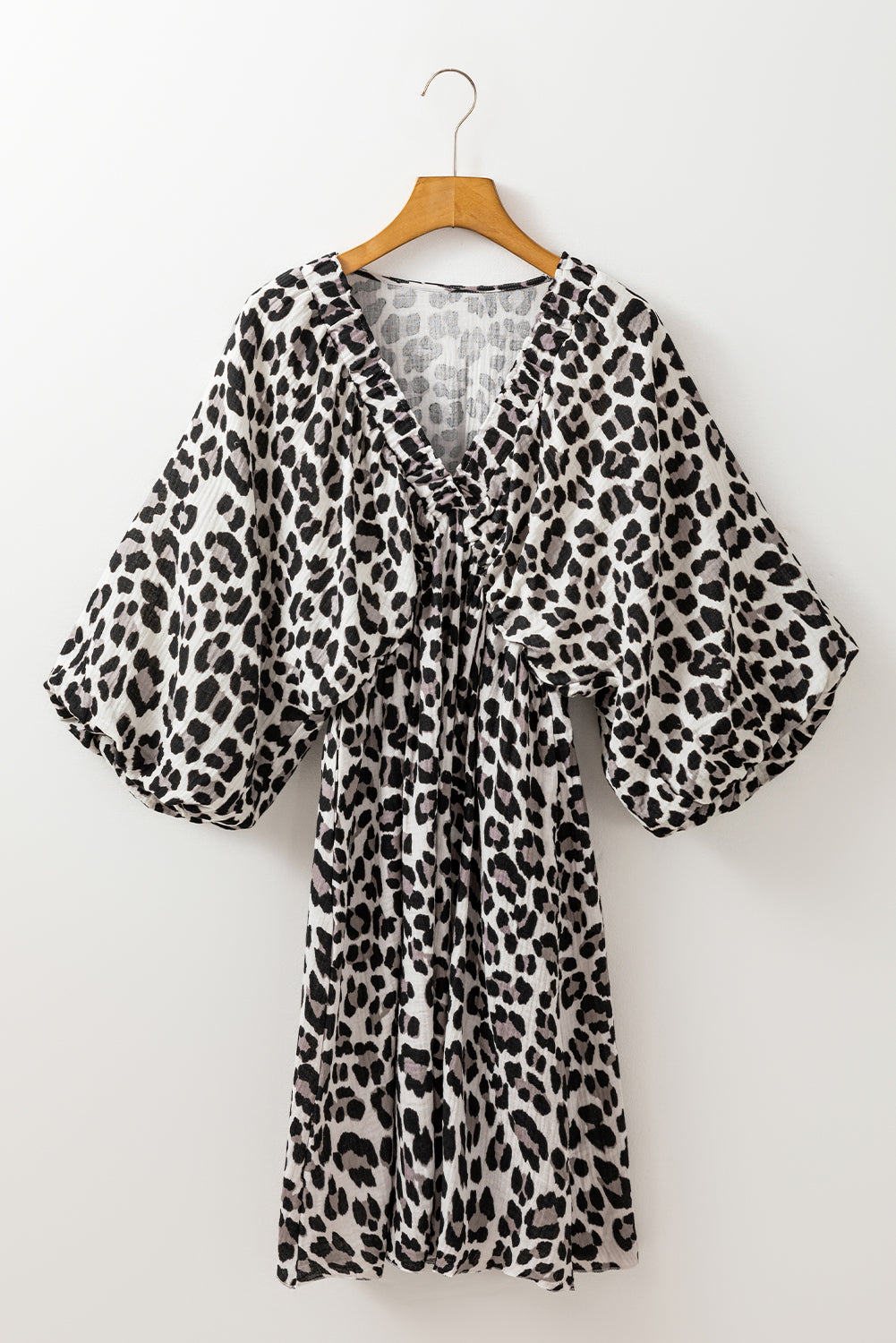 Black V Neck 3/4 Puff Sleeve Leopard Print Dress