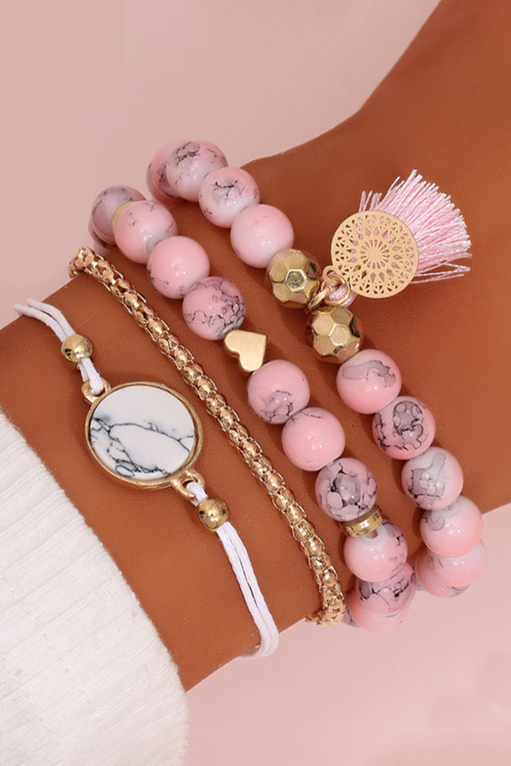 Pulsera de borde de mármol de corazón rosa bohemio para mujeres