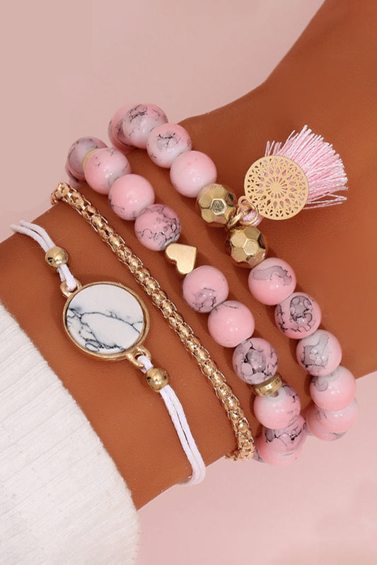 Pink Bohemian Heart Marble Bead Tassel Bracelet for Women