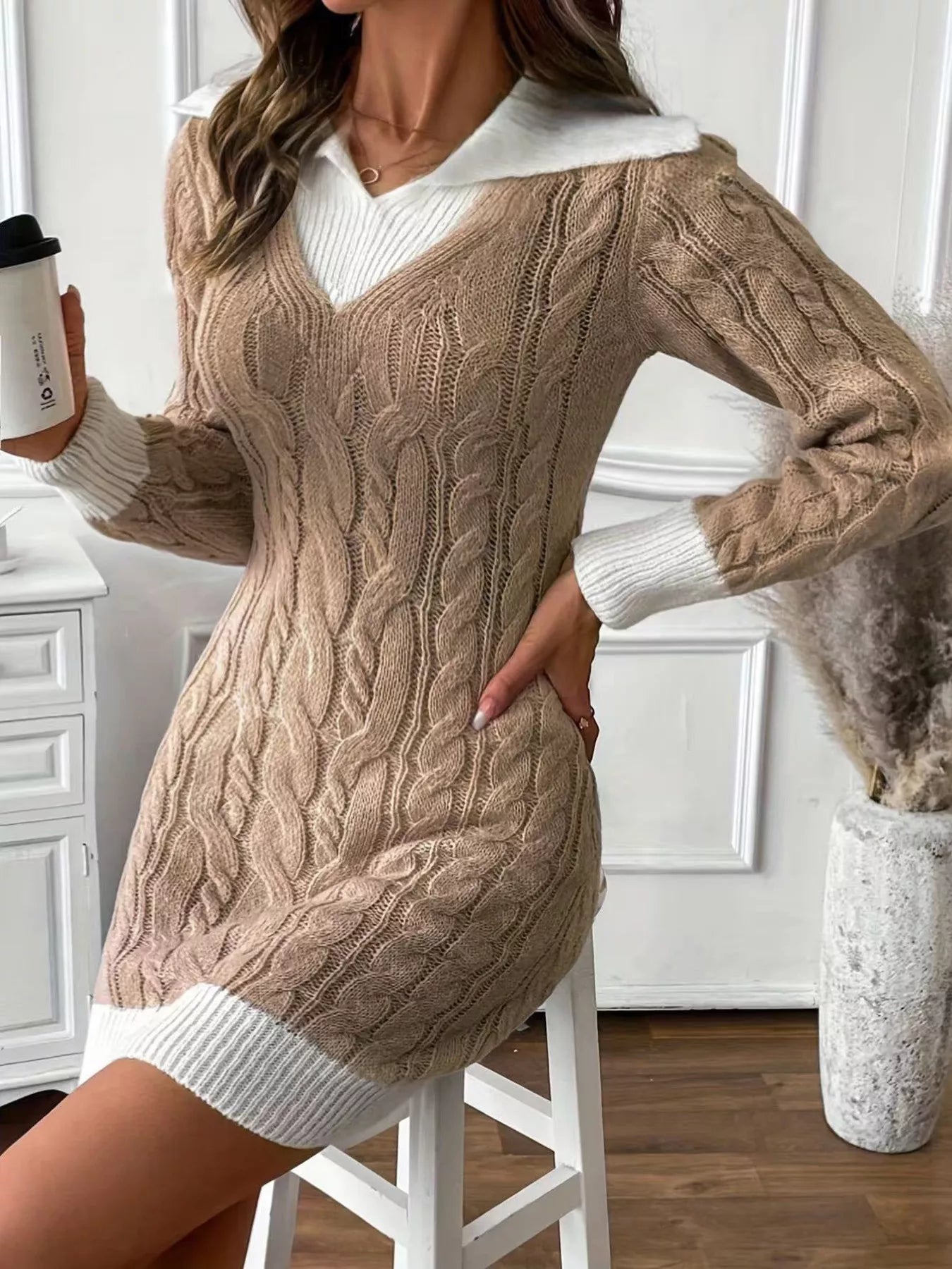 Cable Knit Contrast Trim Sweater Dress - MAD RUFFI