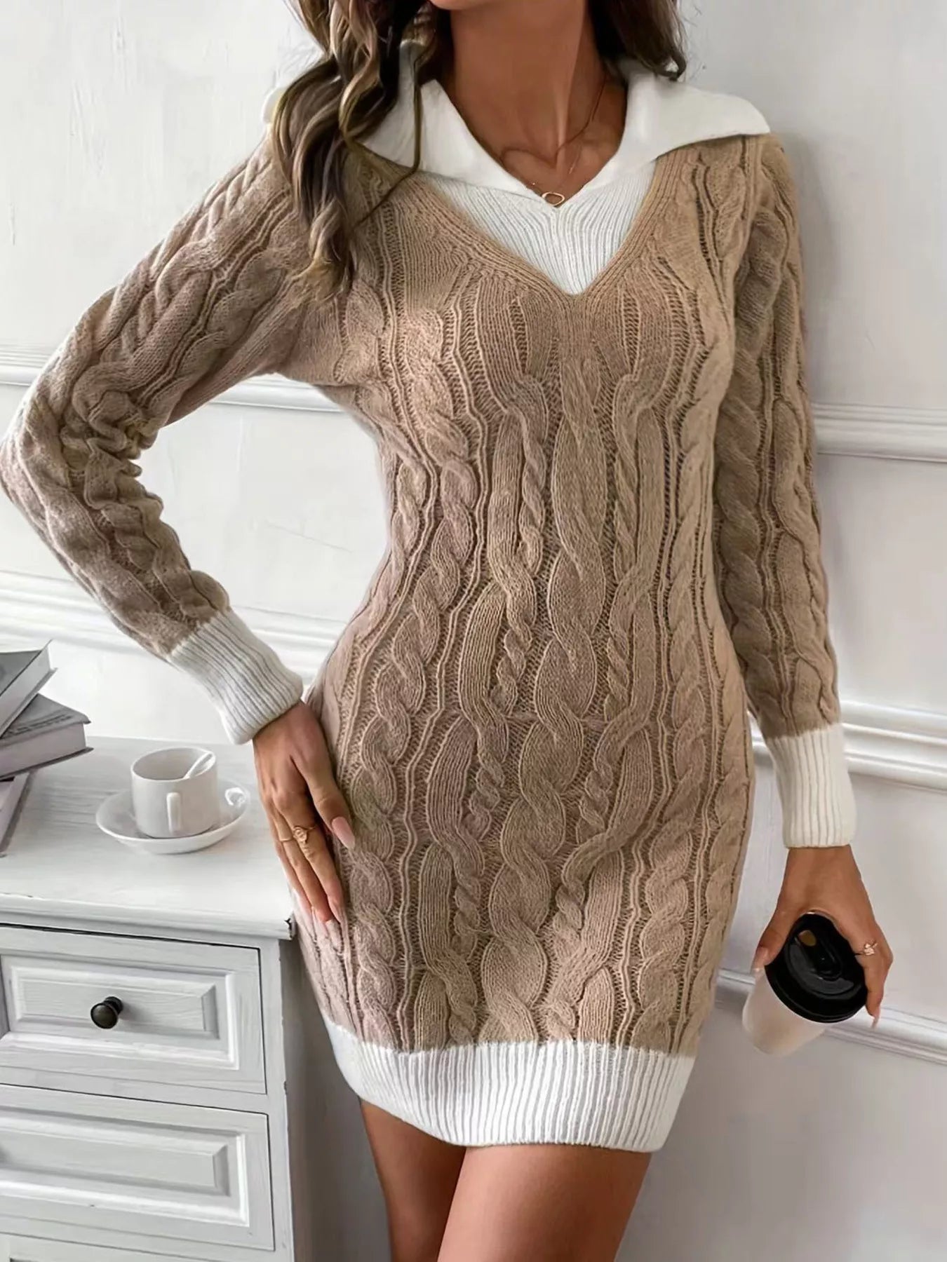 Cable Knit Contrast Trim Sweater Dress - MAD RUFFI