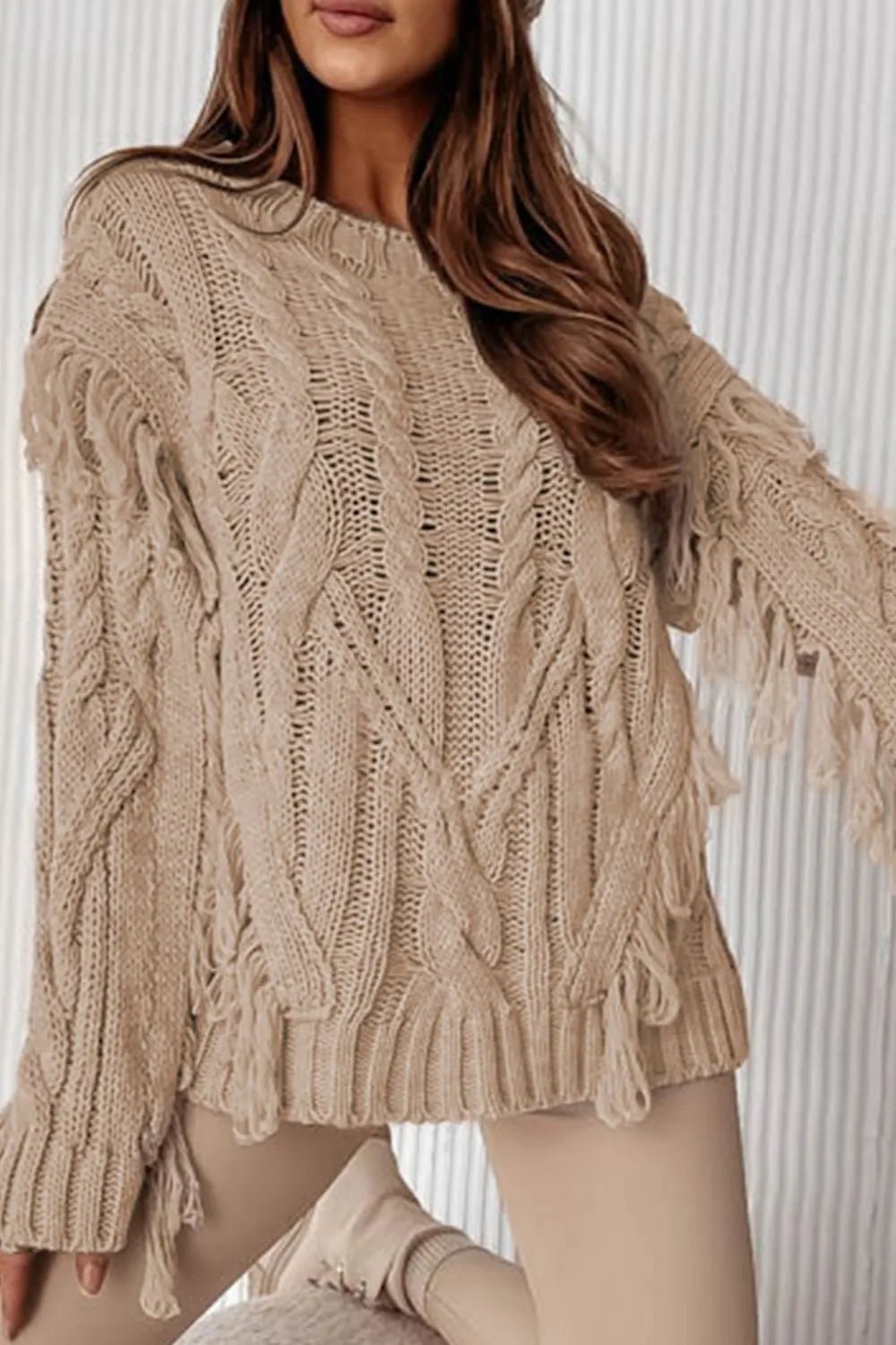 Cable Knit Fringe Round Neck Long Sleeve Sweater - MAD RUFFI
