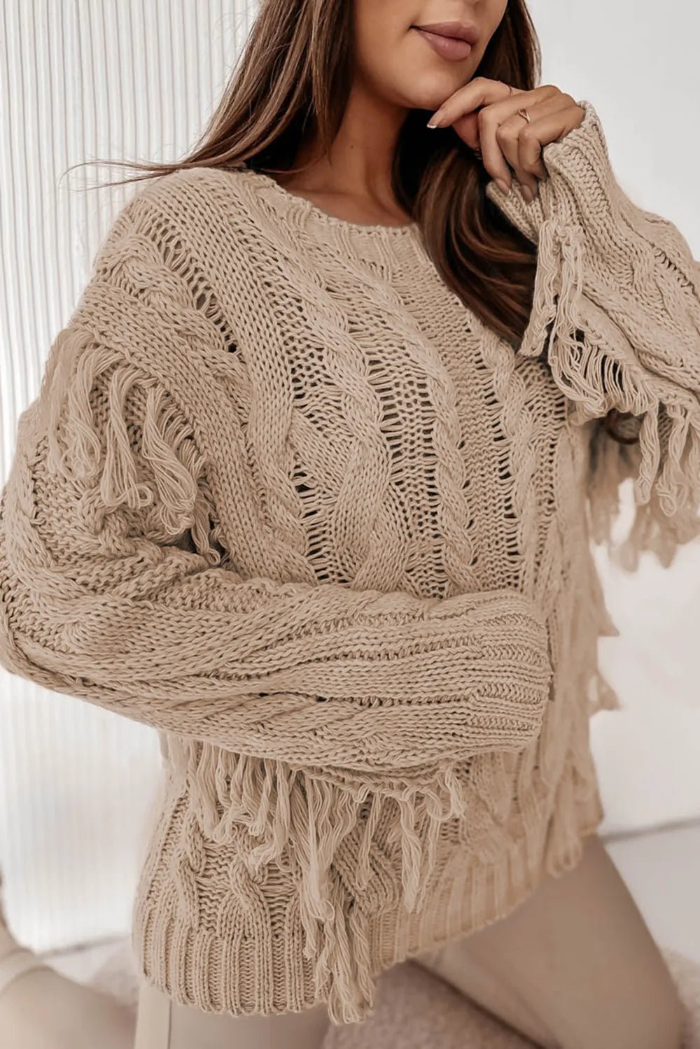 Cable Knit Fringe Round Neck Long Sleeve Sweater - MAD RUFFI