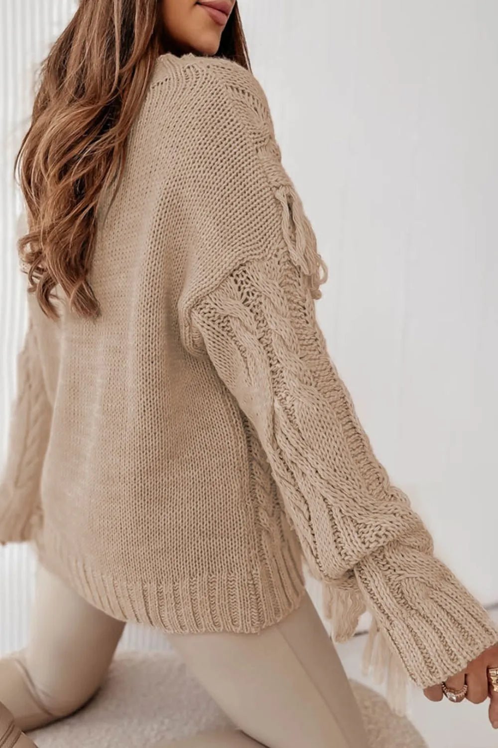 Cable Knit Fringe Round Neck Long Sleeve Sweater - MAD RUFFI