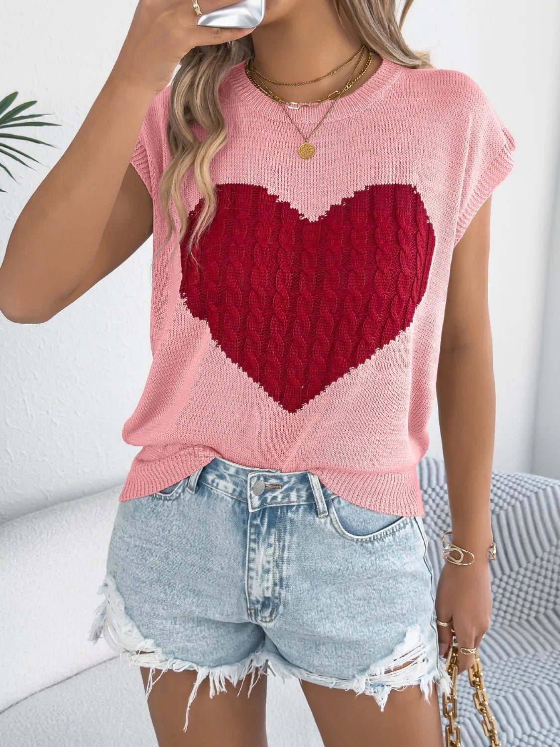 Cable Knit Heart Round Neck Cap Sleeve Knit Top - MAD RUFFI