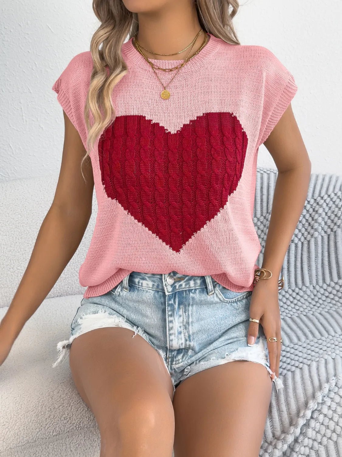 Cable Knit Heart Round Neck Cap Sleeve Knit Top - MAD RUFFI