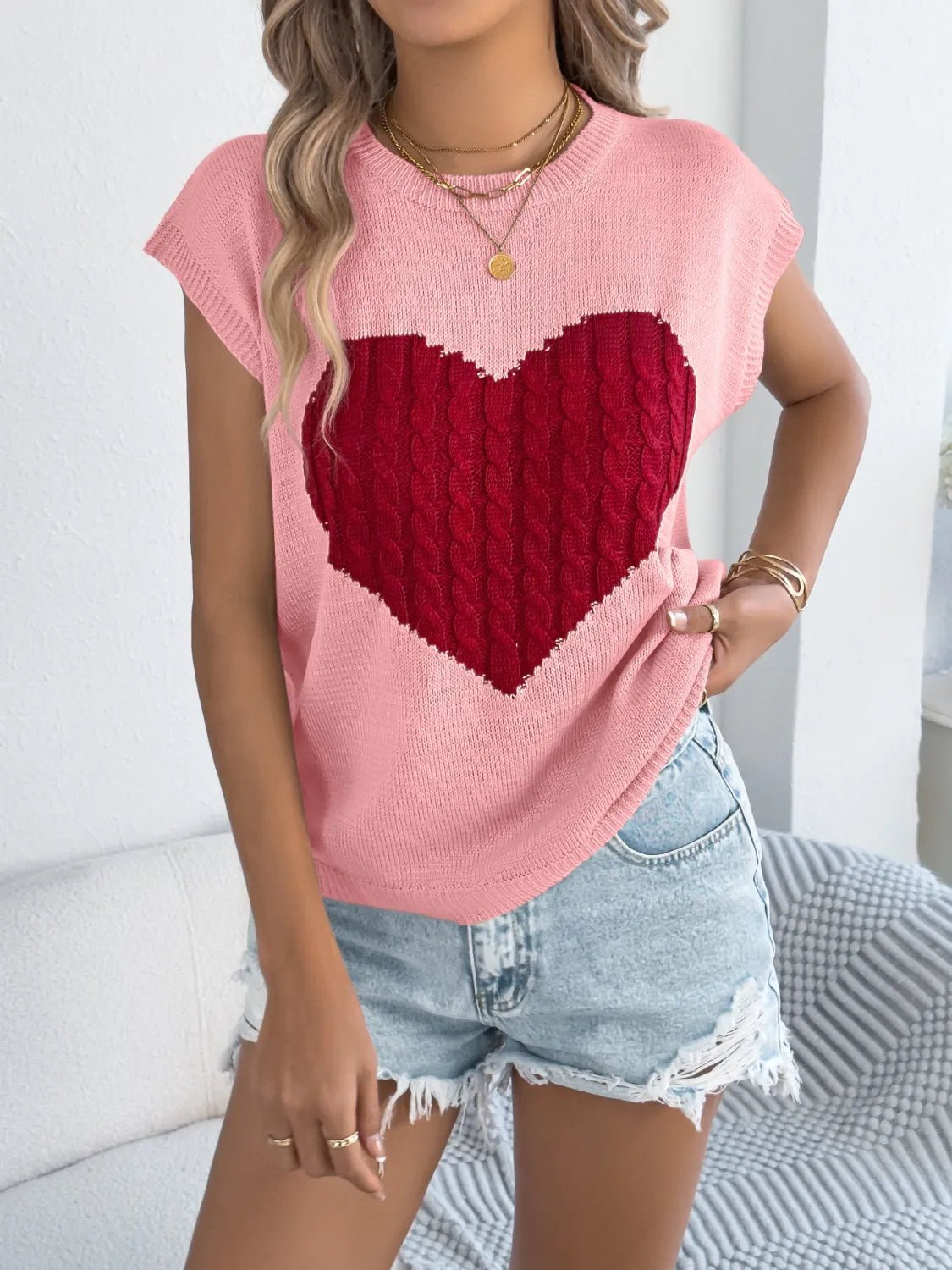 Cable Knit Heart Round Neck Cap Sleeve Knit Top - MAD RUFFI