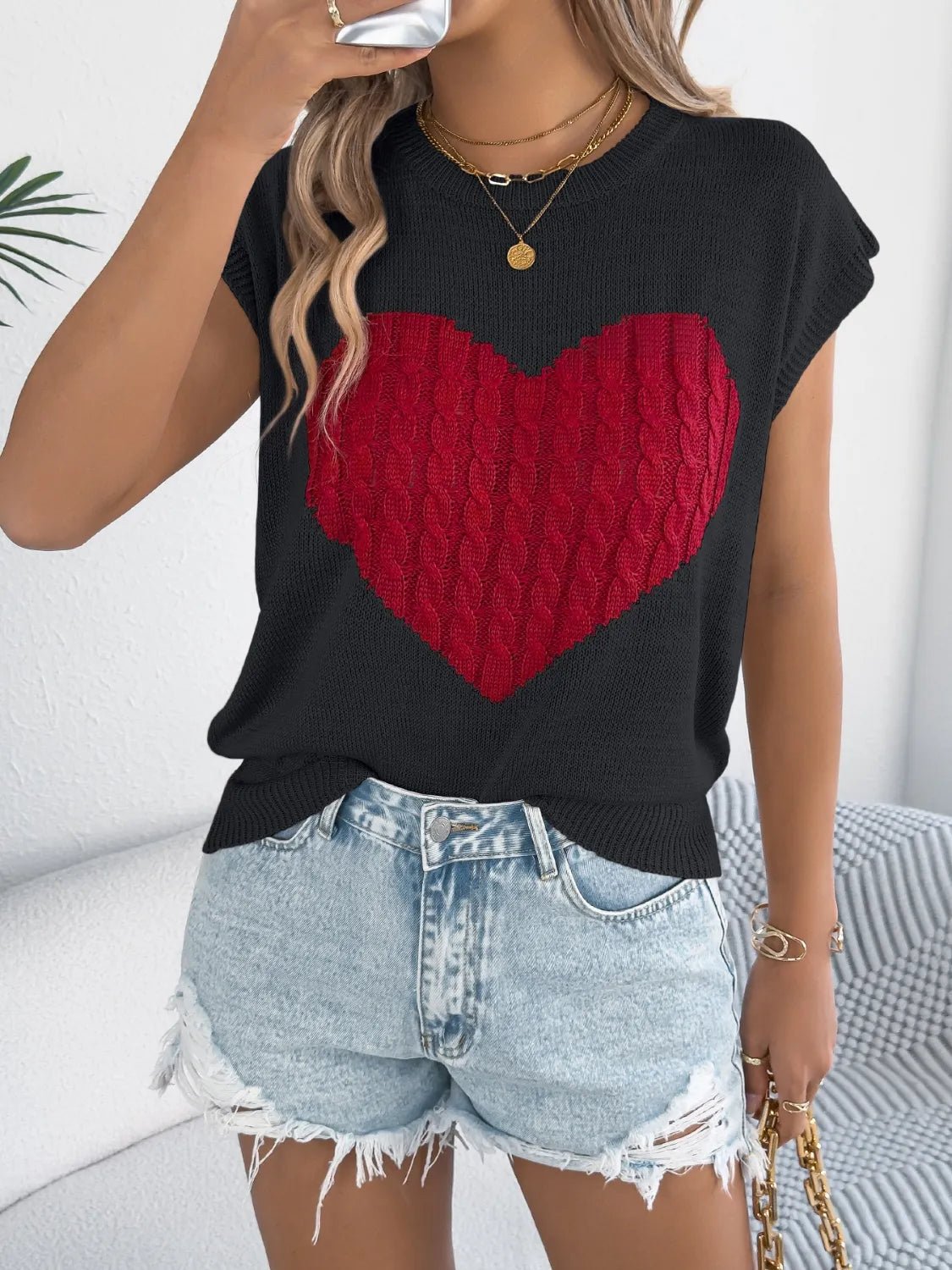 Cable Knit Heart Round Neck Cap Sleeve Knit Top - MAD RUFFI