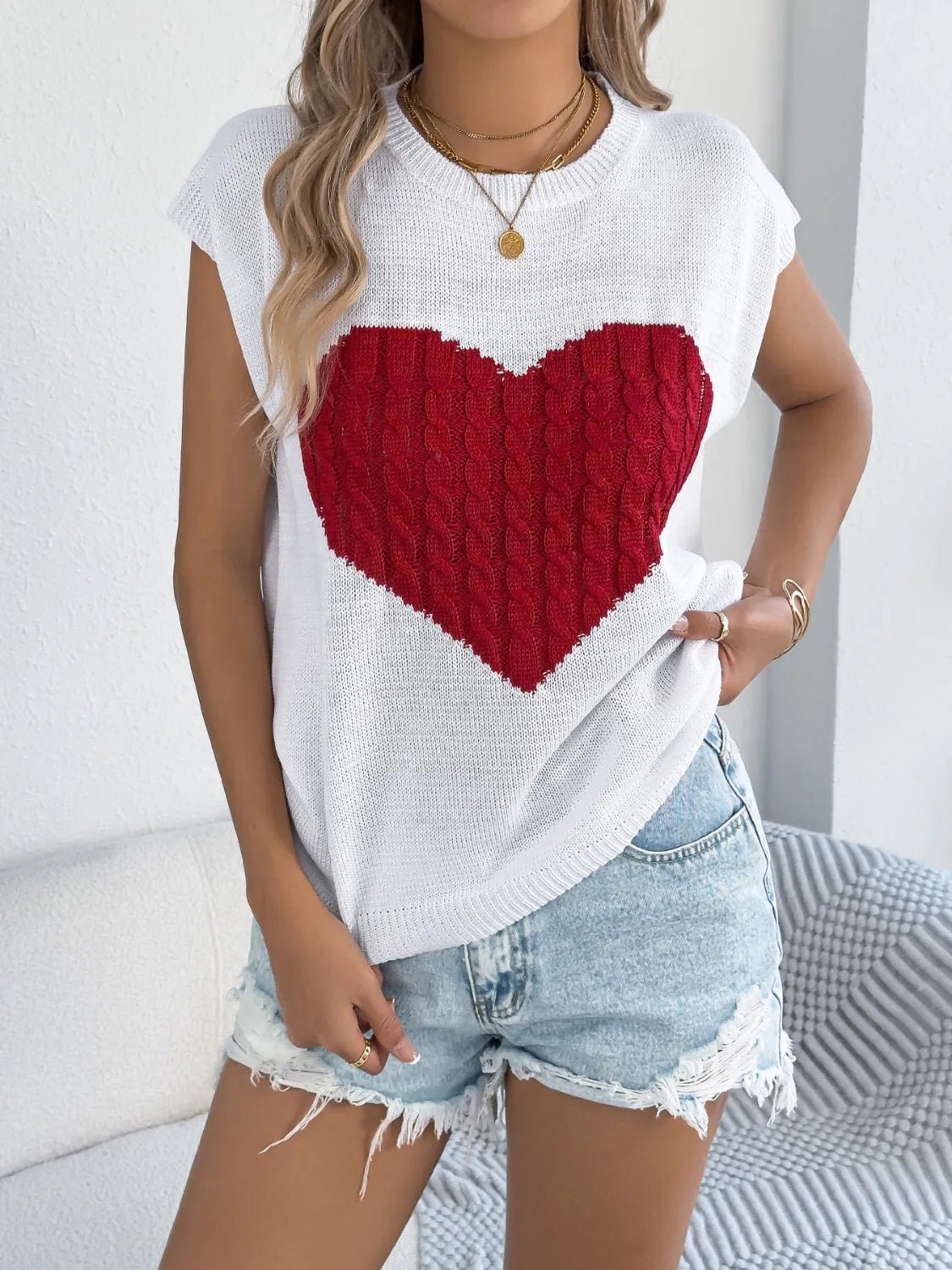 Cable Knit Heart Round Neck Cap Sleeve Knit Top - MAD RUFFI