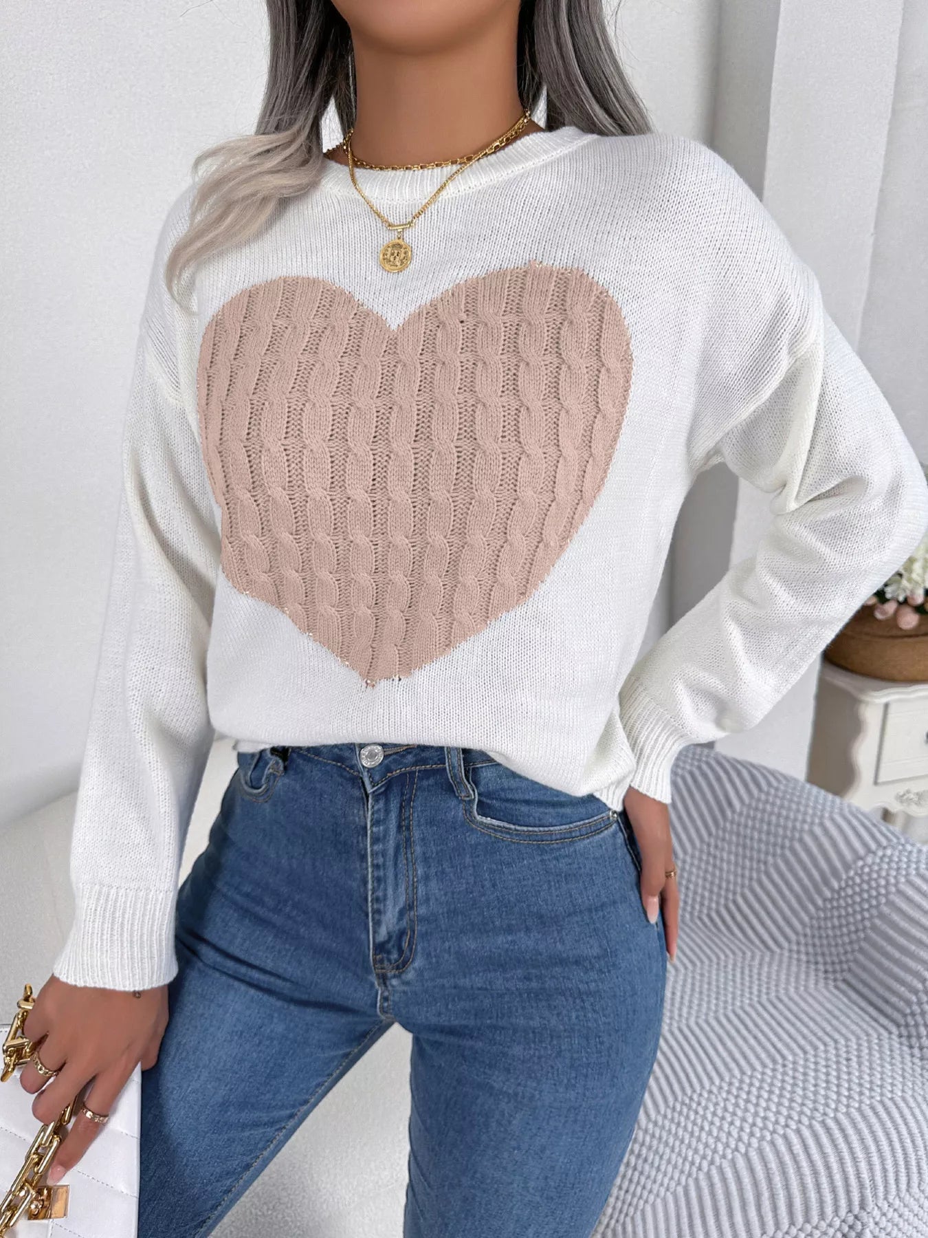 Cable Knit Heart Round Neck Sweater - MAD RUFFI