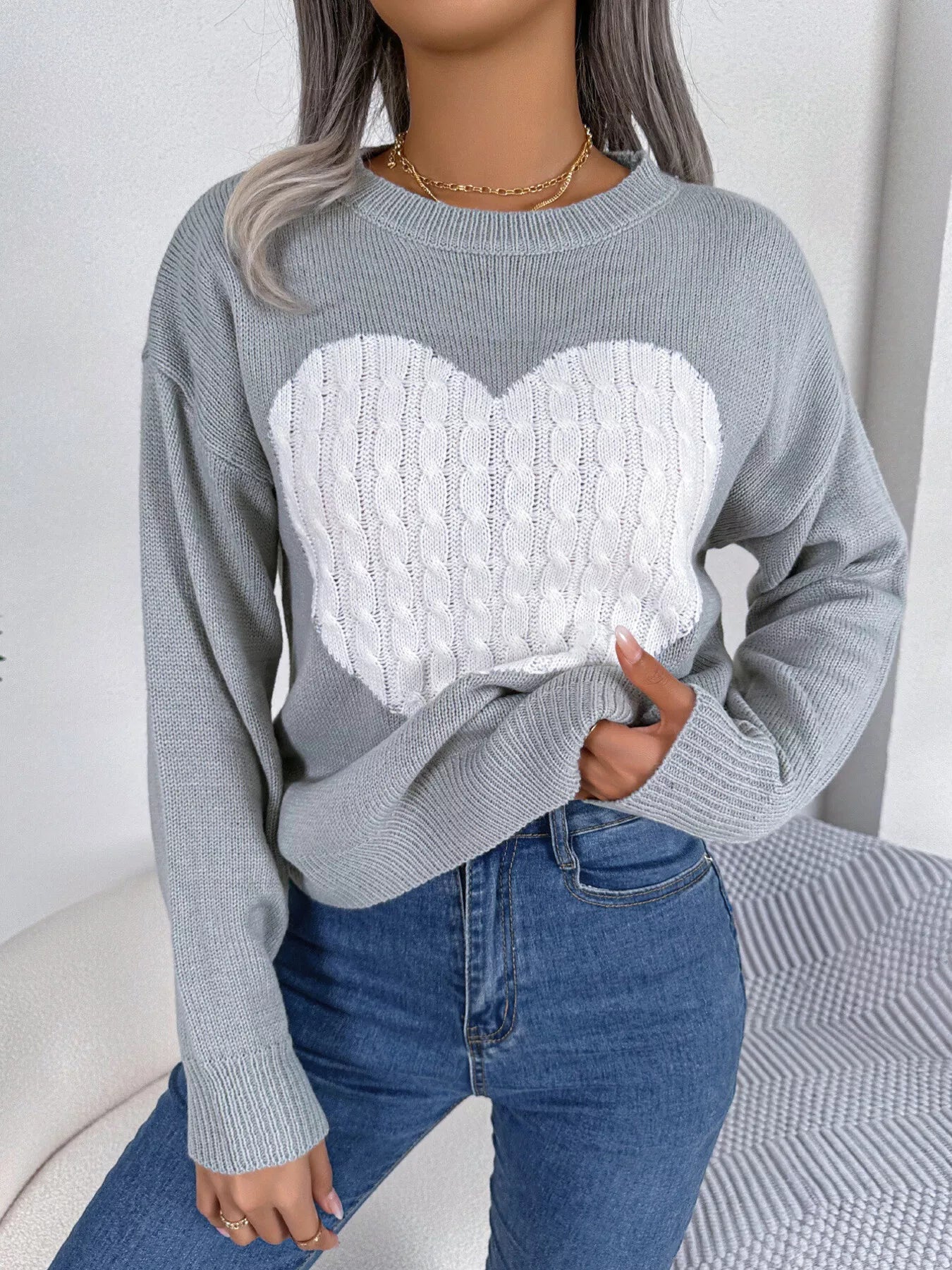 Cable Knit Heart Round Neck Sweater - MAD RUFFI