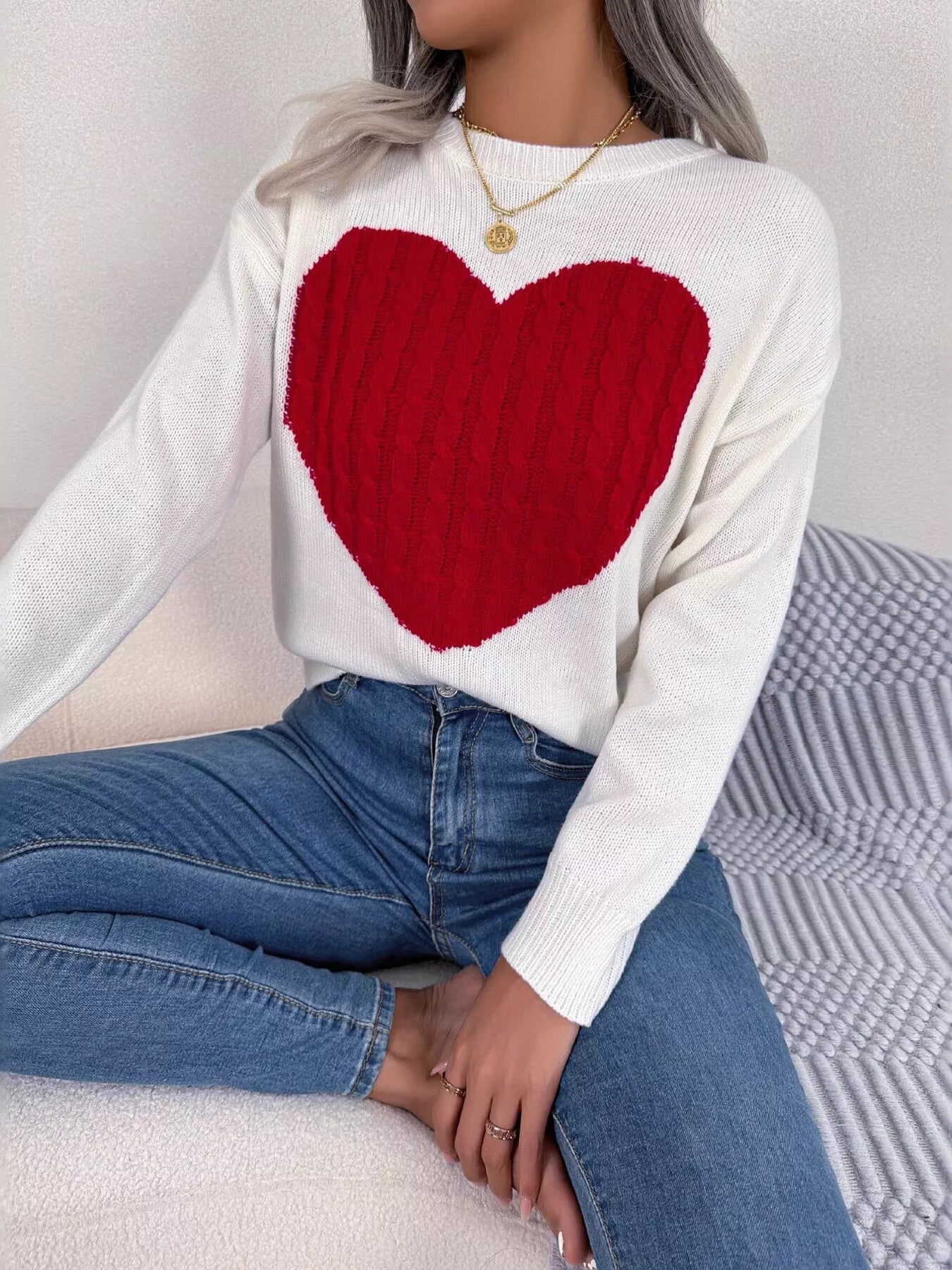 Cable Knit Heart Round Neck Sweater - MAD RUFFI