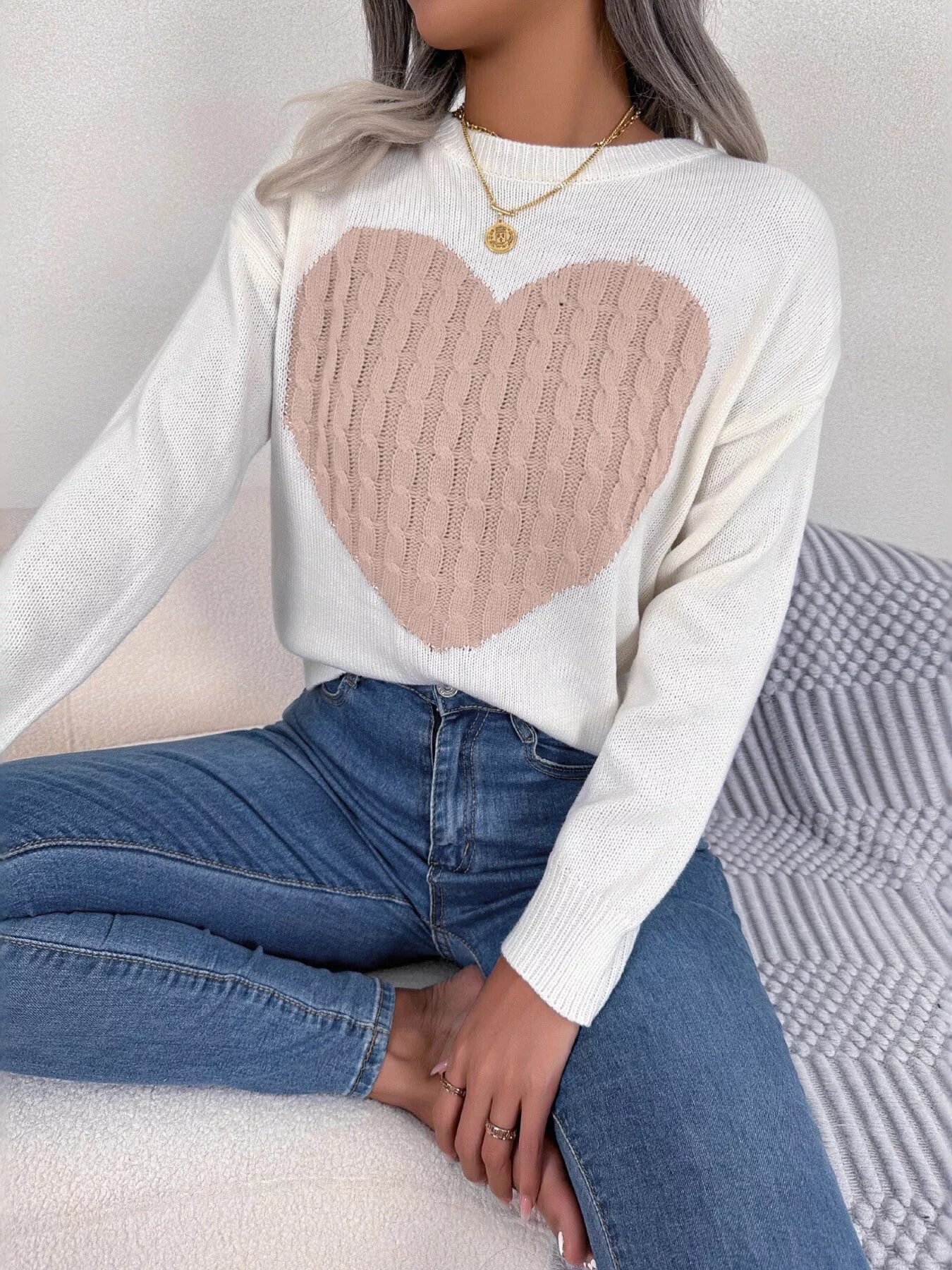 Cable Knit Heart Round Neck Sweater - MAD RUFFI