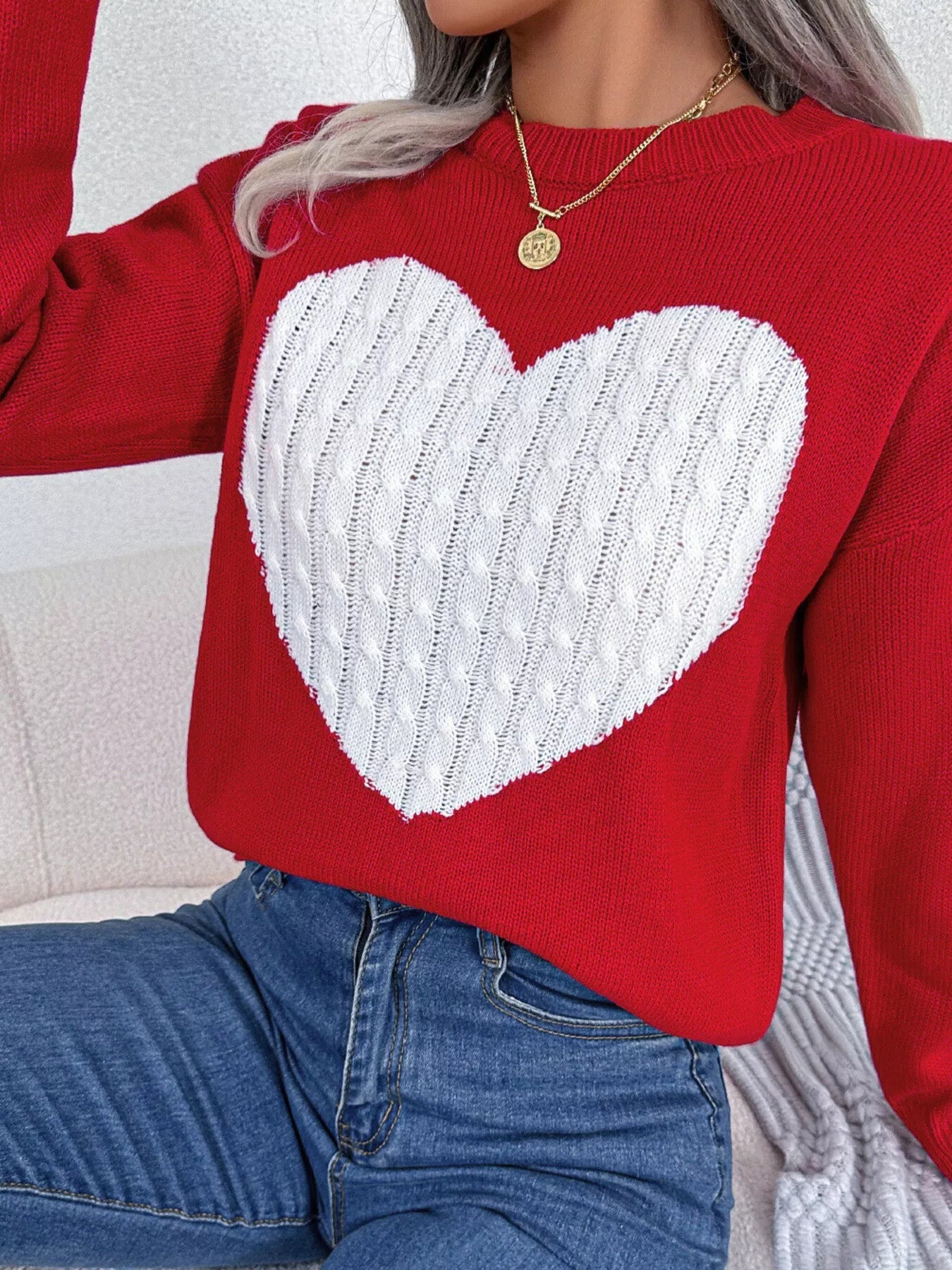Cable Knit Heart Round Neck Sweater - MAD RUFFI