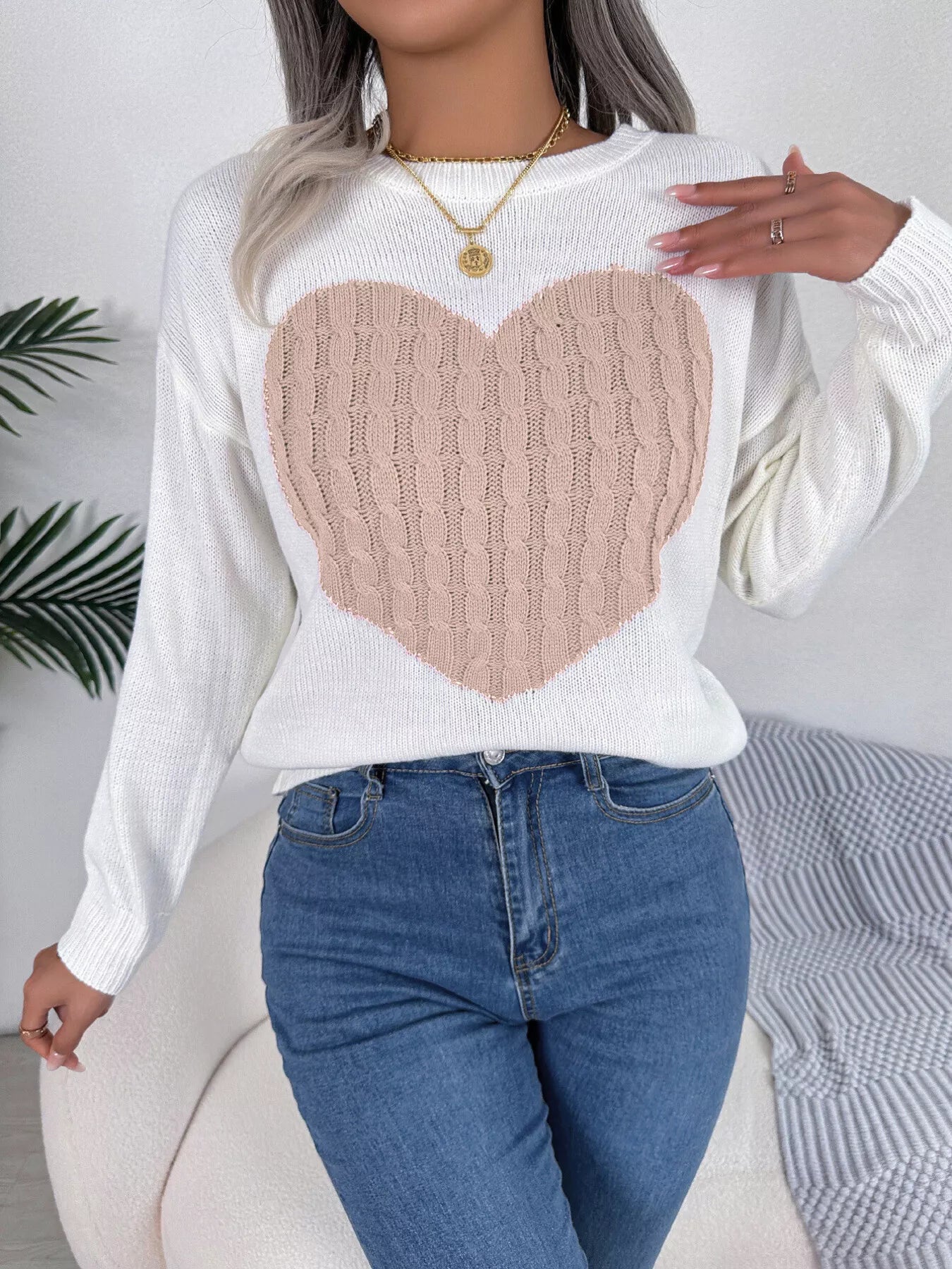 Cable Knit Heart Round Neck Sweater - MAD RUFFI