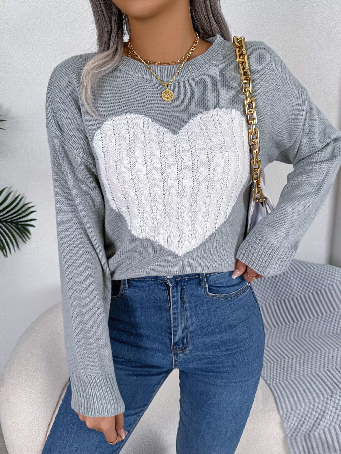 Cable Knit Heart Round Neck Sweater - MAD RUFFI