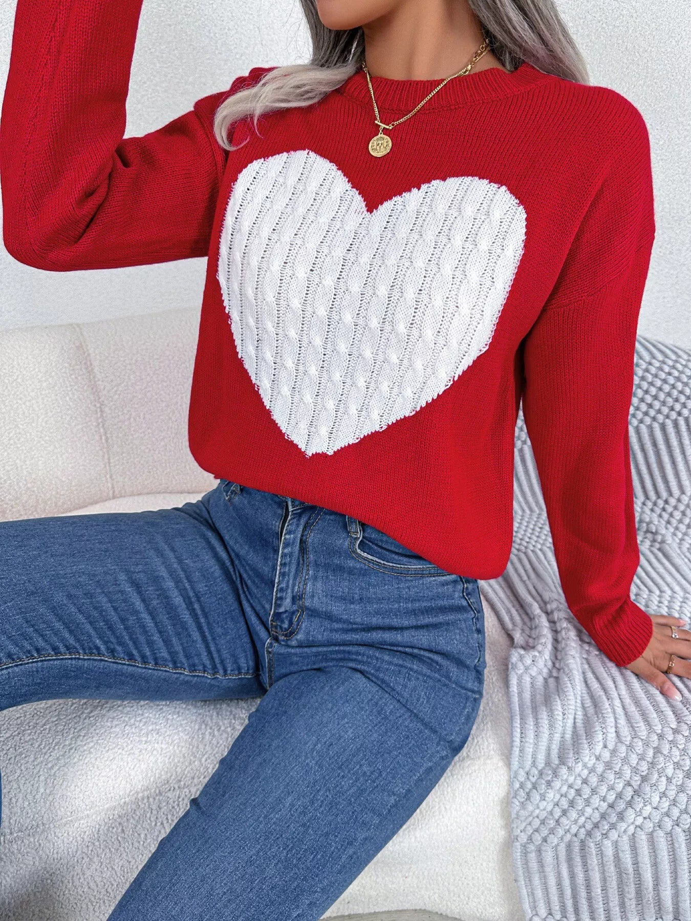 Cable Knit Heart Round Neck Sweater - MAD RUFFI