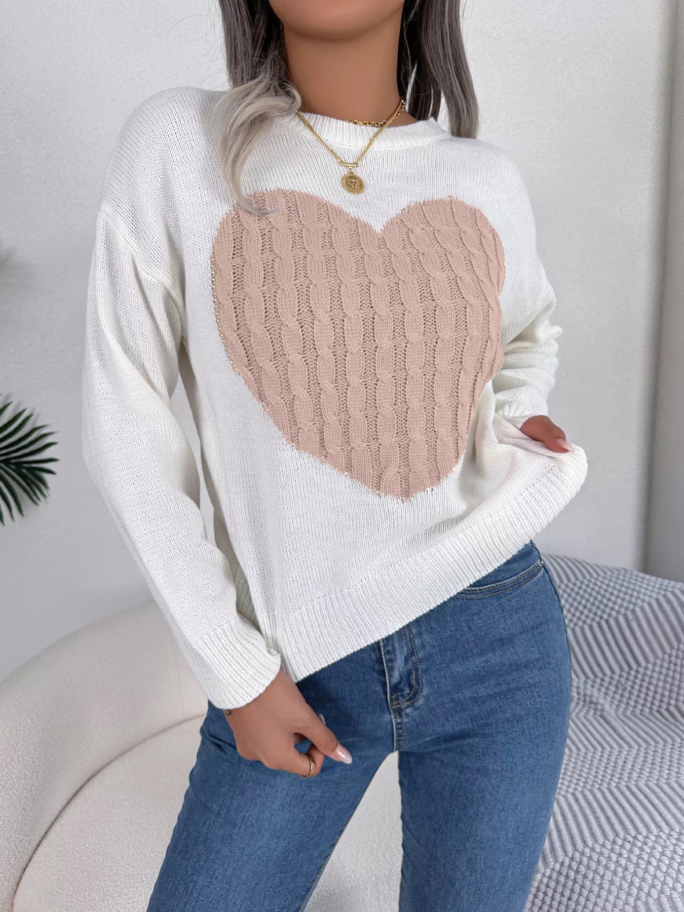 Cable Knit Heart Round Neck Sweater - MAD RUFFI