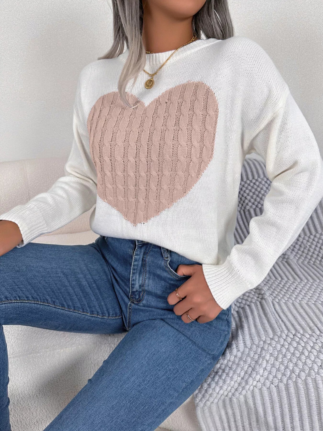 Cable Knit Heart Round Neck Sweater - MAD RUFFI