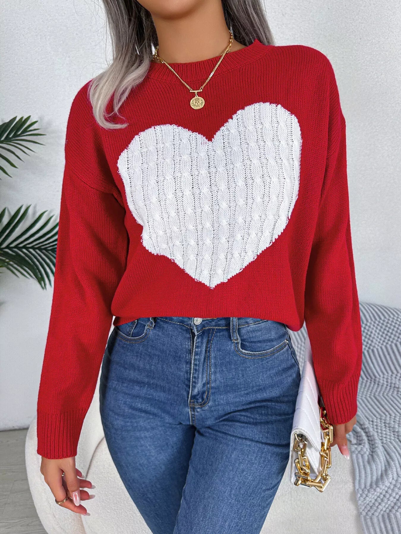 Cable Knit Heart Round Neck Sweater - MAD RUFFI