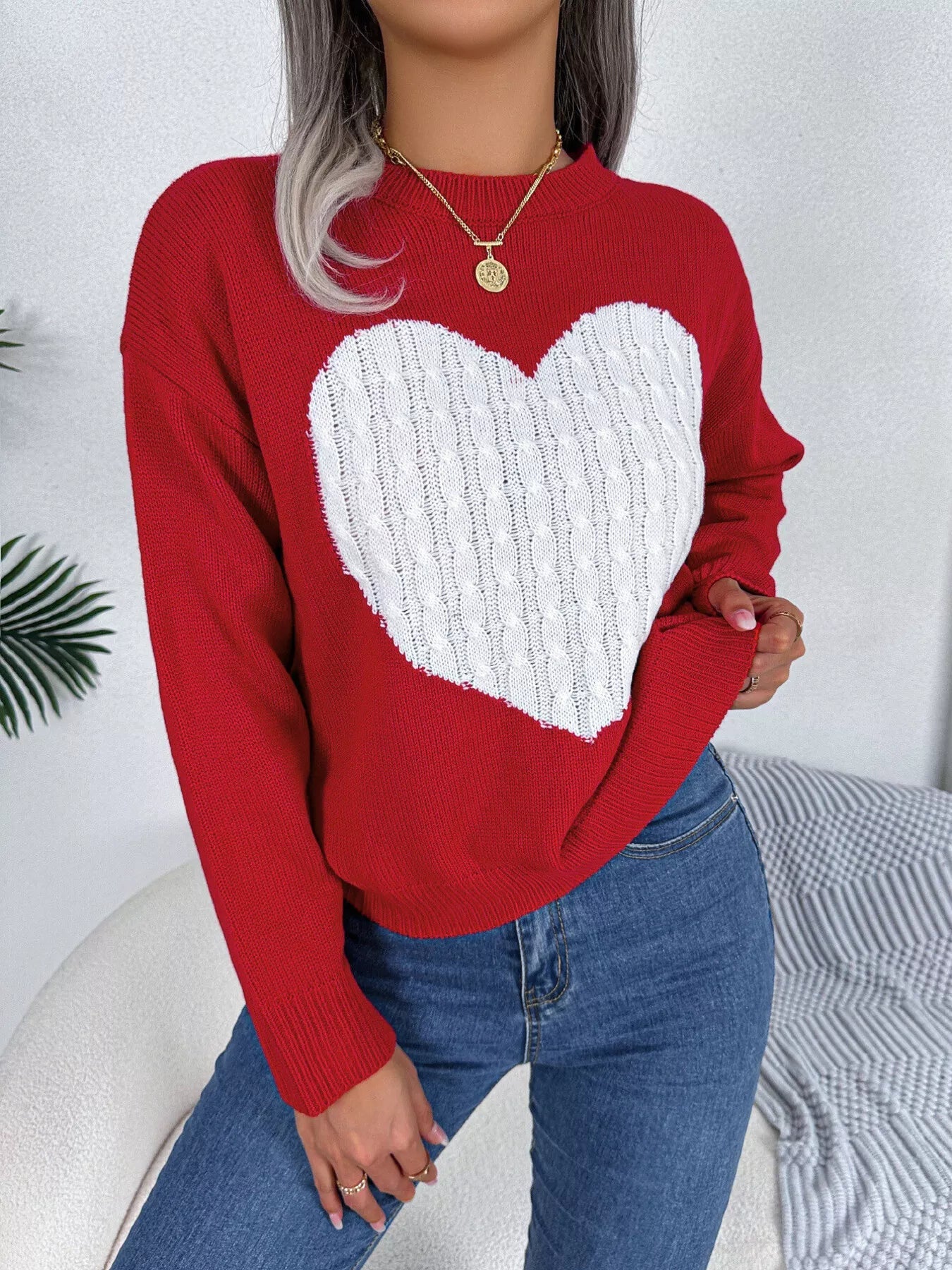 Cable Knit Heart Round Neck Sweater - MAD RUFFI