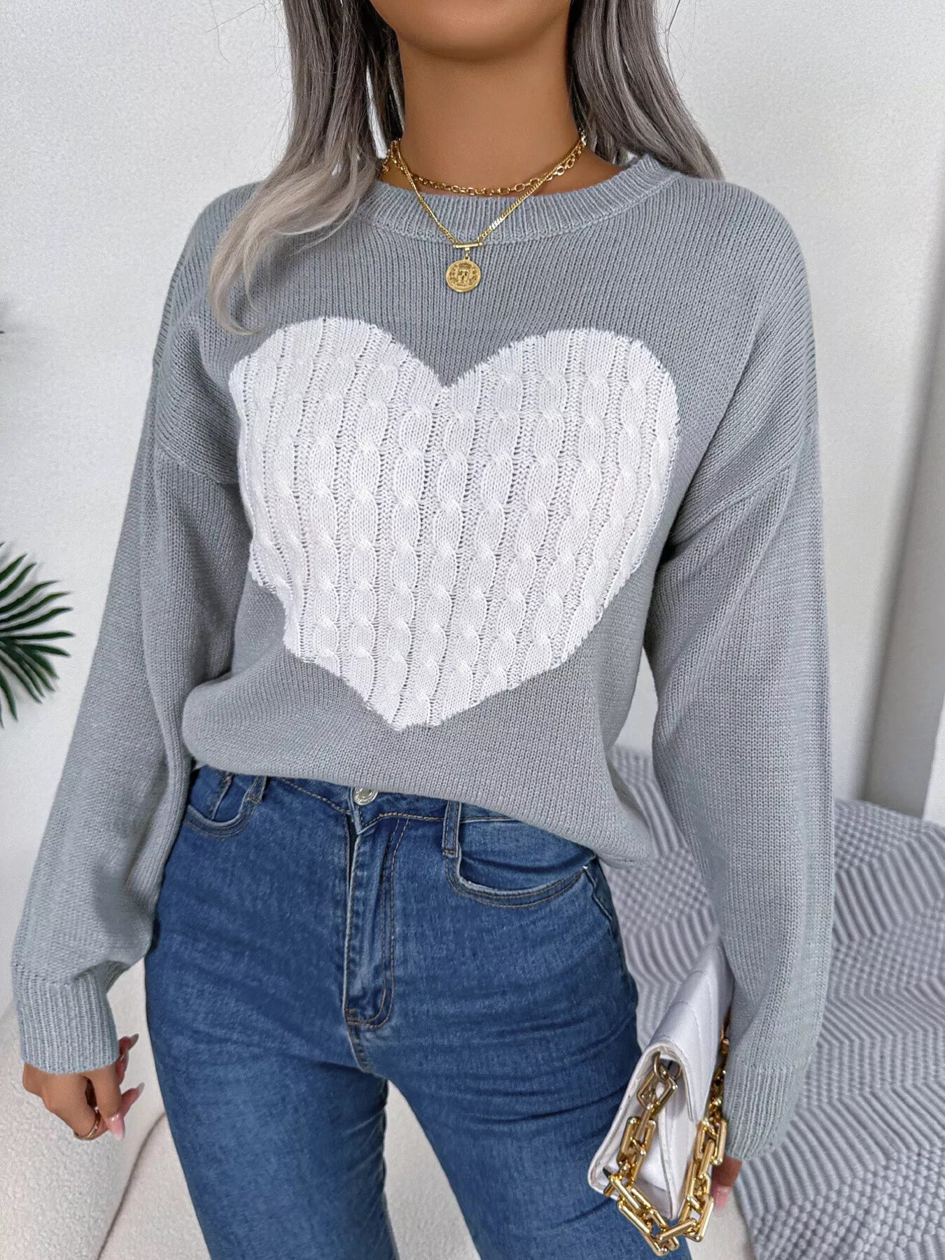 Cable Knit Heart Round Neck Sweater - MAD RUFFI