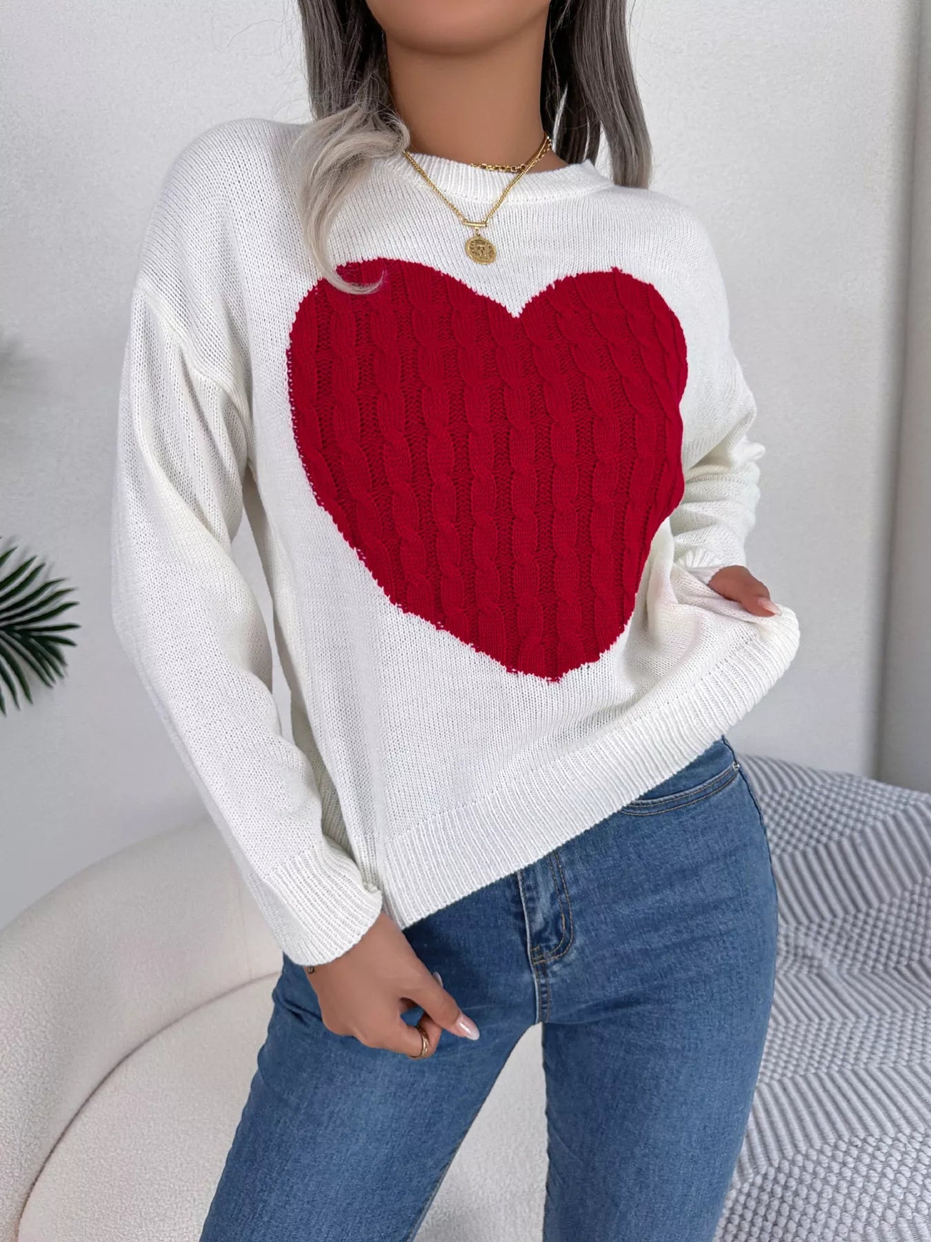 Cable Knit Heart Round Neck Sweater - MAD RUFFI