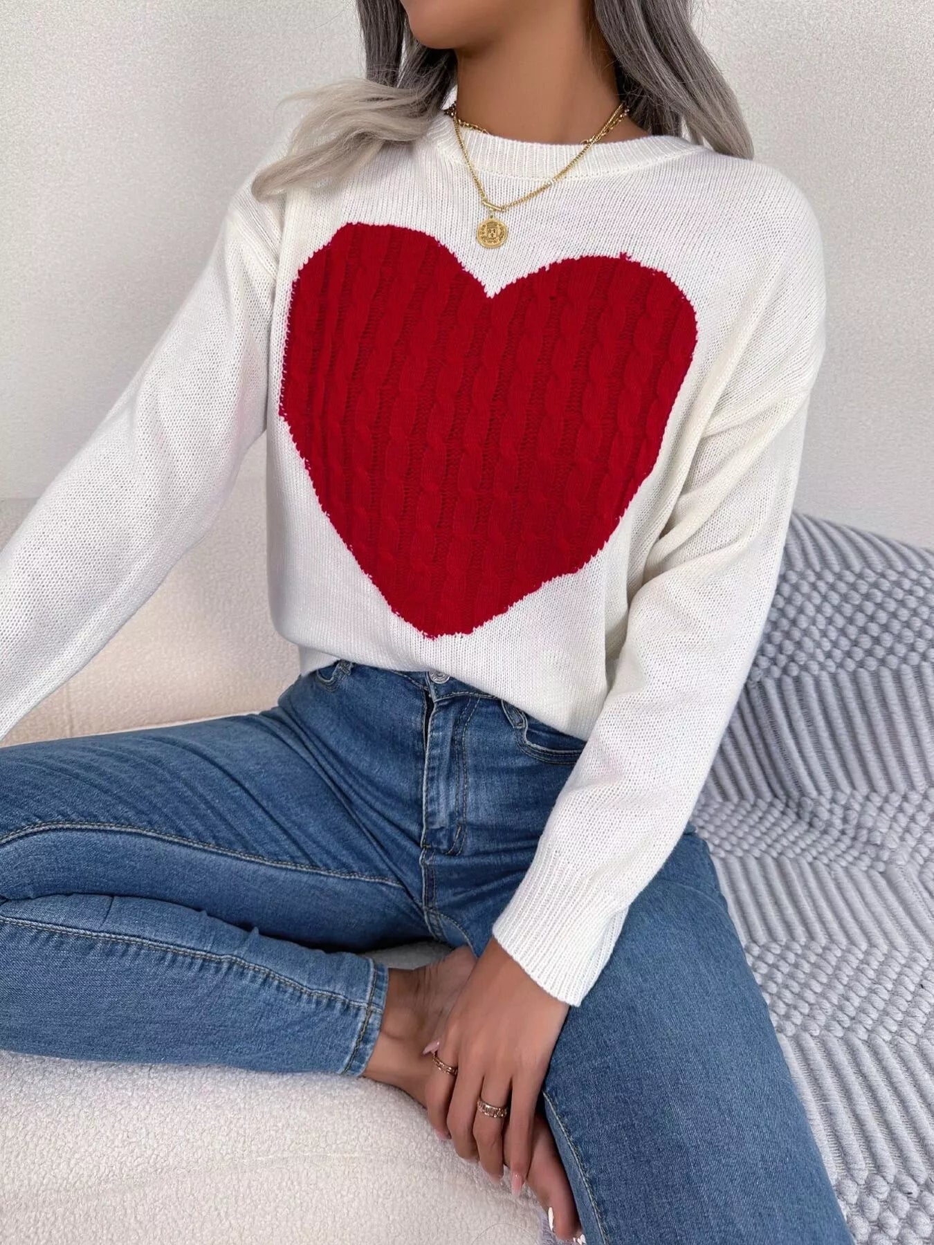 Cable Knit Heart Round Neck Sweater - MAD RUFFI