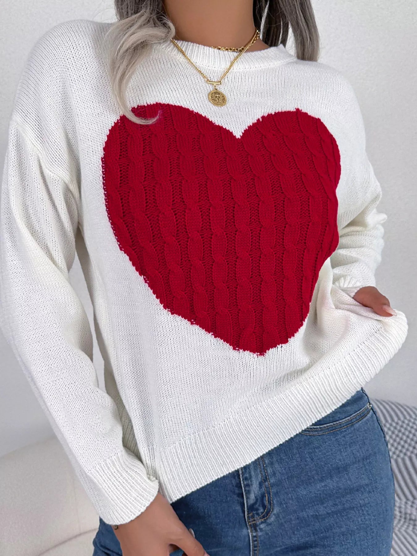 Cable Knit Heart Round Neck Sweater - MAD RUFFI