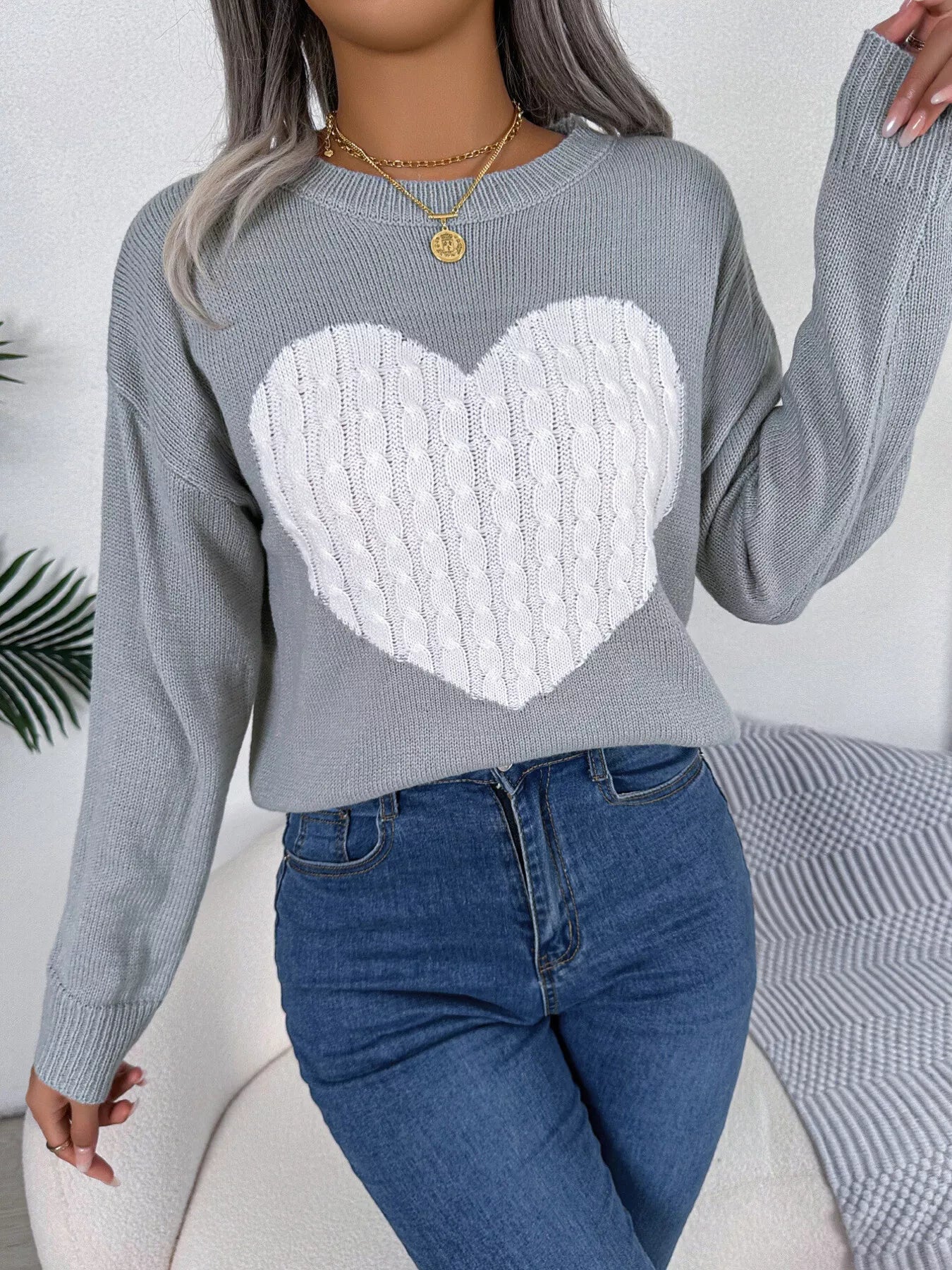 Cable Knit Heart Round Neck Sweater - MAD RUFFI