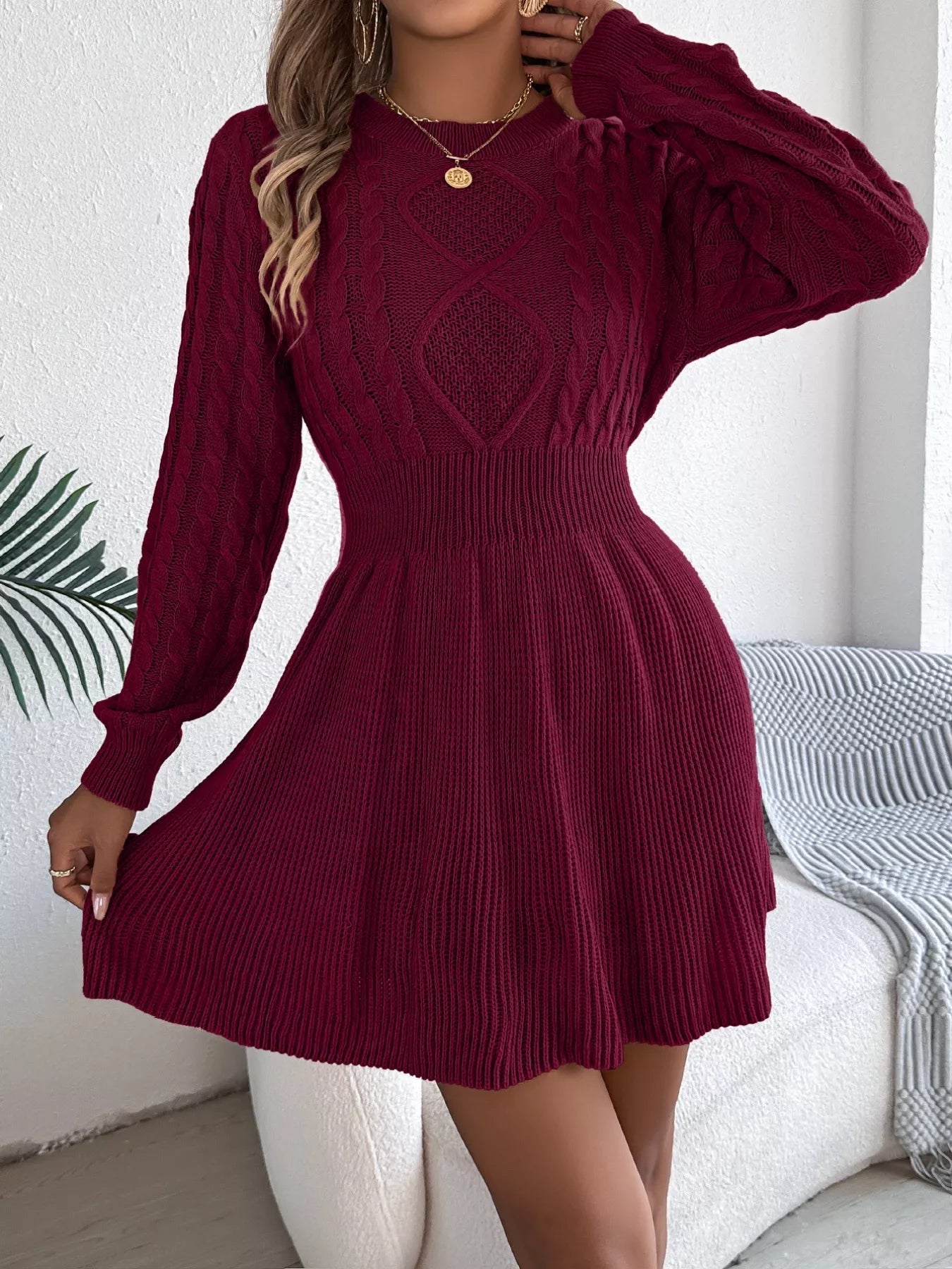 Cable Knit Long Sleeve Sweater Dress - MAD RUFFI